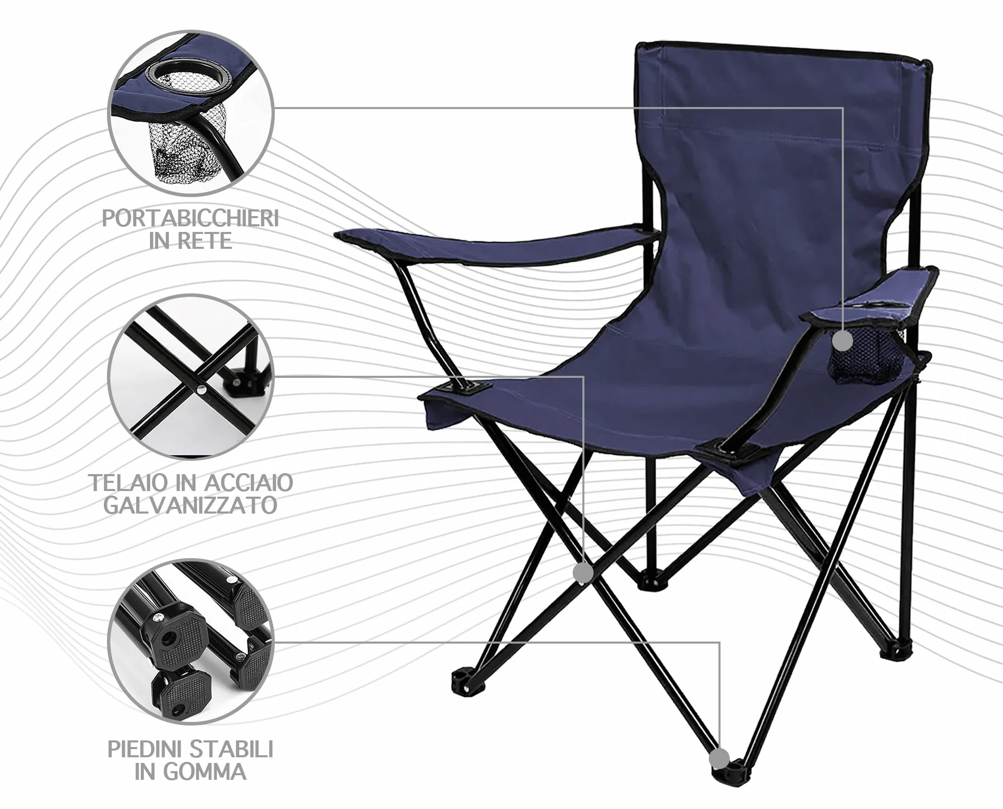 IlGruppone Sedia Camping Pieghevole in Acciaio con Porta Bevande – Sedia da Campeggio Portatile Impermeabile e Antiruggine con Sacca Trasporto – Ideale per Mare, Spiaggia, Pesca e Outdoor (Blu)