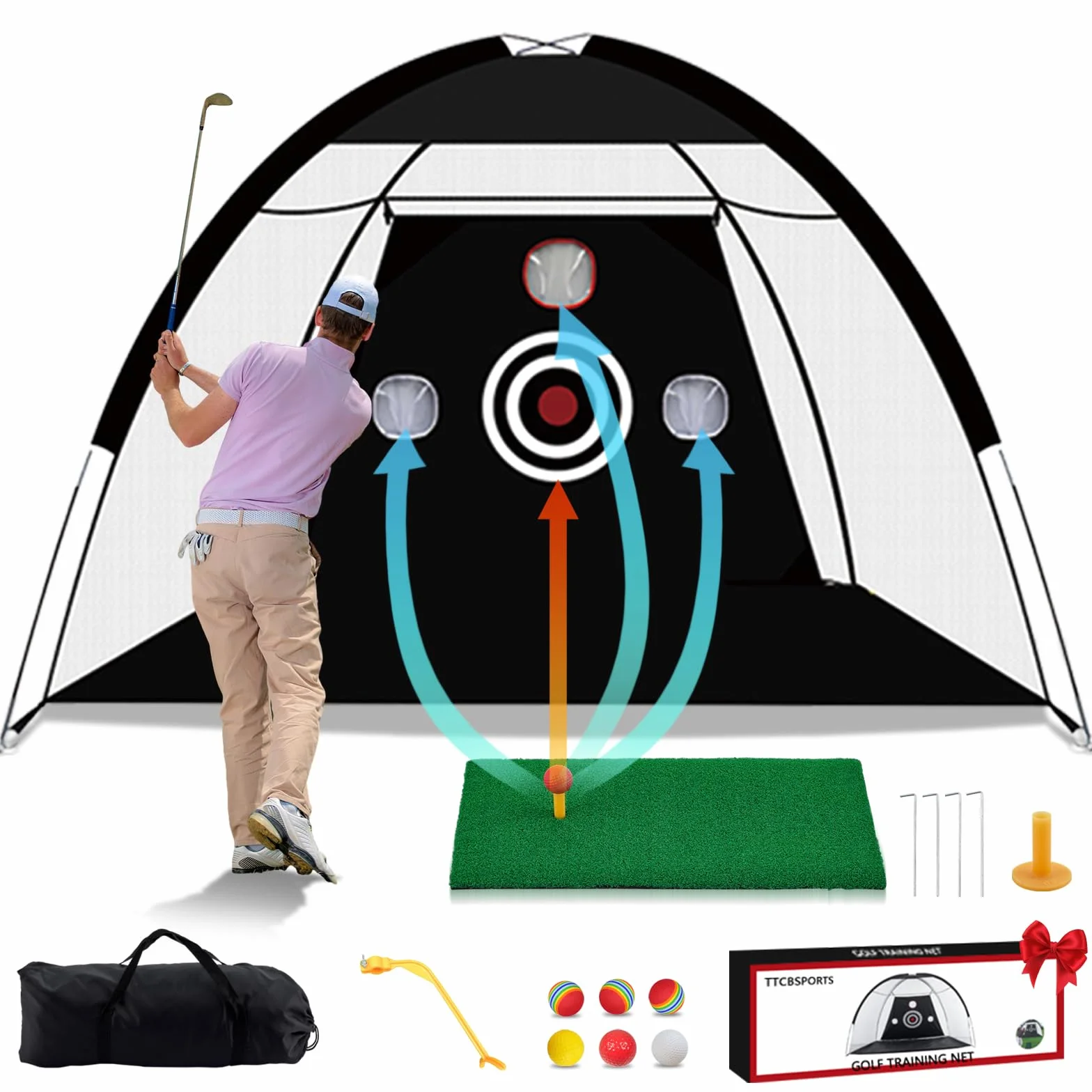 TTCB Sports Rete da Golf 10x7FT con 6 palline, 1 correttore di oscillazione, Perfetta per interni ed esterni, Ideale per l'allenamento di swing e chipping in giardino o campo pratica (3x2,1x1,8m)