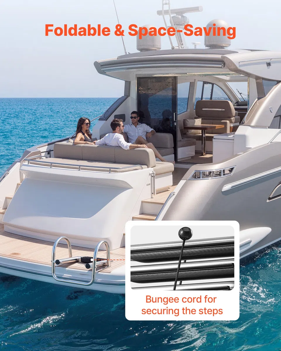 VEVOR Scaletta per Barca in Acciaio Inox, Scaletta Telescopica Pieghevole a 4 Gradini con Corrimano, per Piattaforma di Poppa, Portata Fino a 272 kg, Gradini Antiscivolo, per Gommone, Yacht e Pontoni