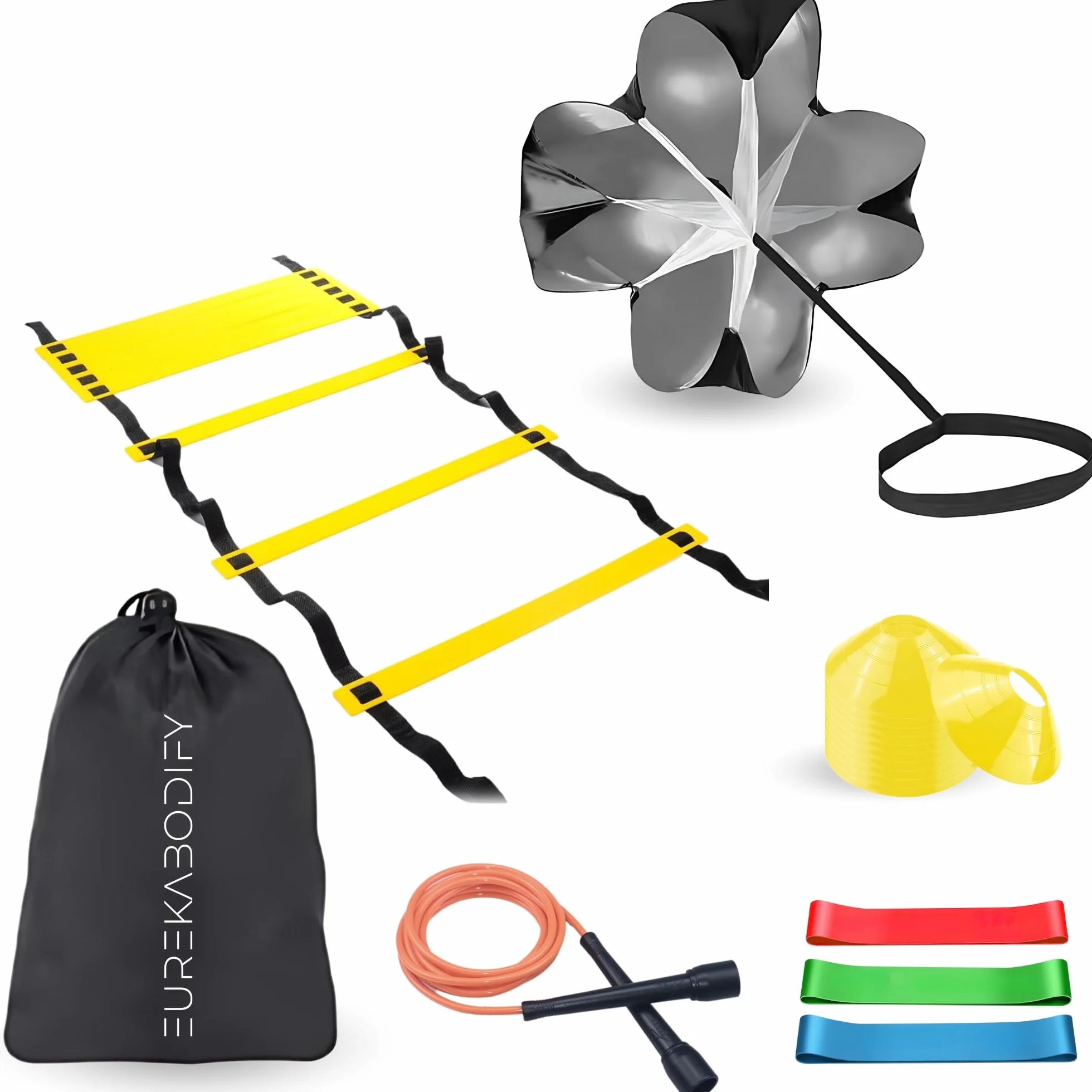 Kit Allenamento Calcio e Agilità con Scala 6m, Cinesini, Bande Elastiche, Paracadute e Borsa