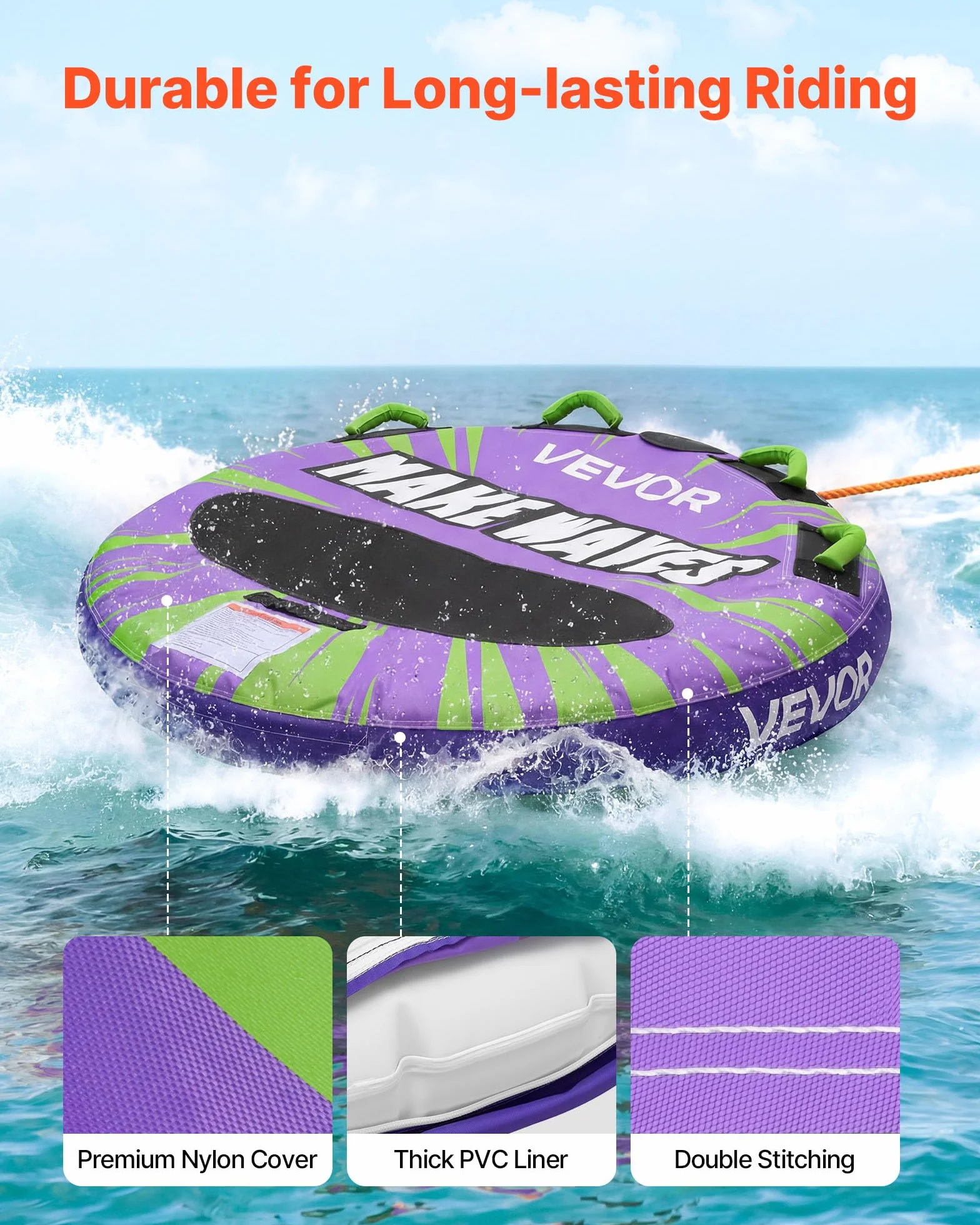 VEVOR Tubo Gonfiabile Trainabile per Barche, Copertura Resistente in Nylon, Gonfiabile per Sport Acquatici, Utilizzo Mare Lago Piscina, Unisex Adulto, Verde Viola