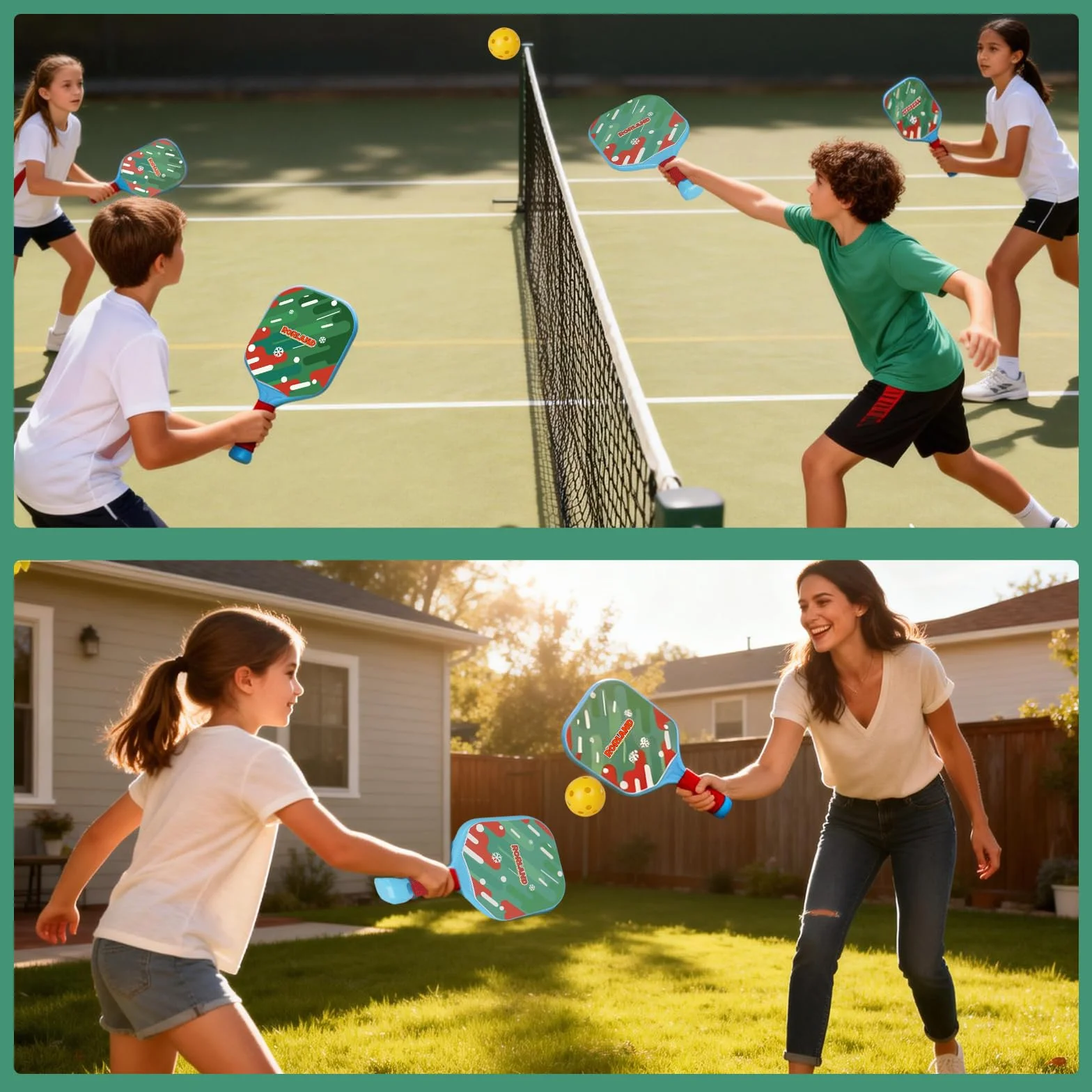 Set Pickleball Bambini: 2 Racchette 4 Palline, Peso Leggero 200g, Impermeabile per Giardino Spiaggia Piscina
