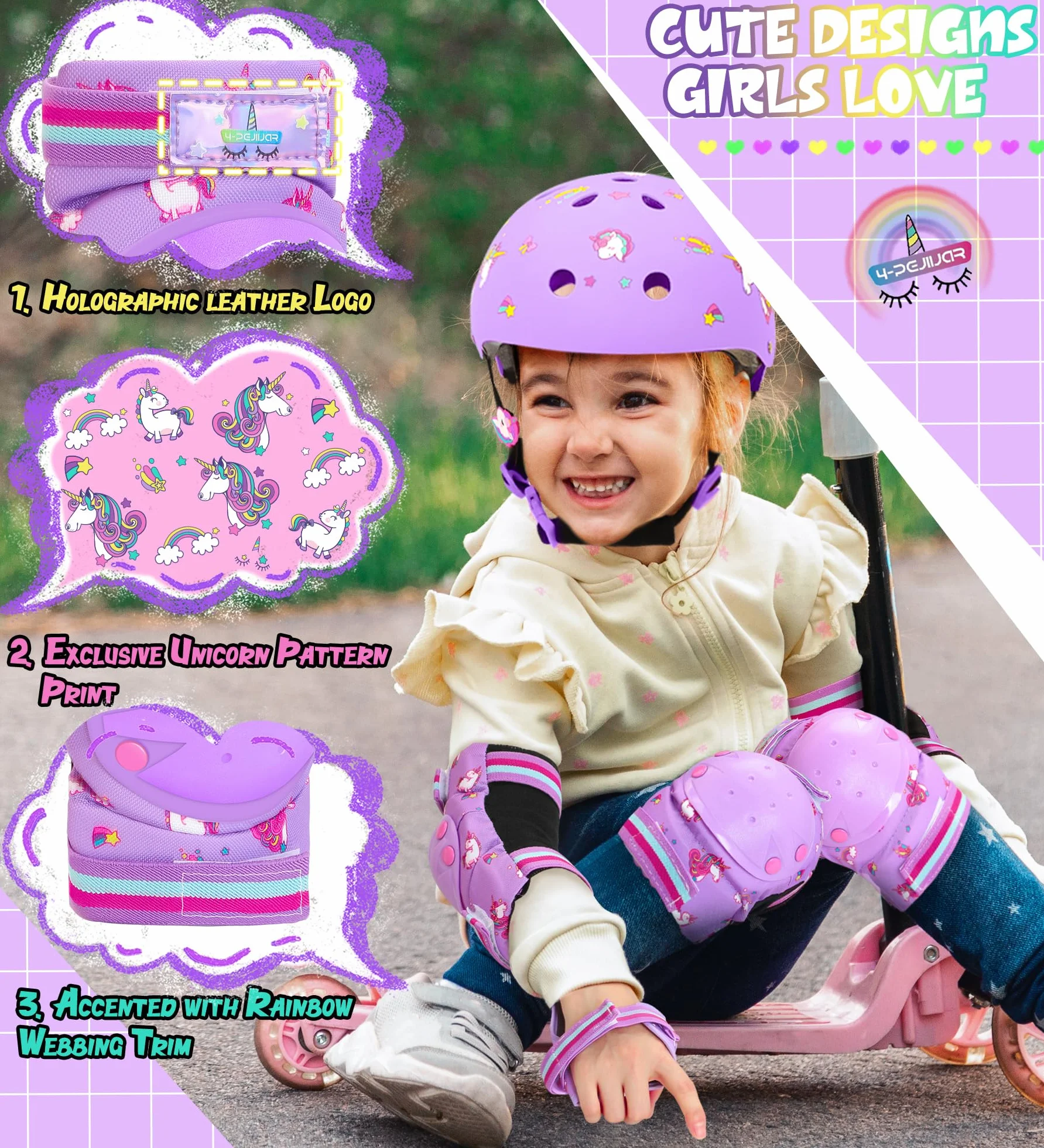 Unicorno Protezioni Set per Bambini Ginocchiere 6 in 1 Protettivi Kit Skateboard Scooter Bicicletta Pattini
