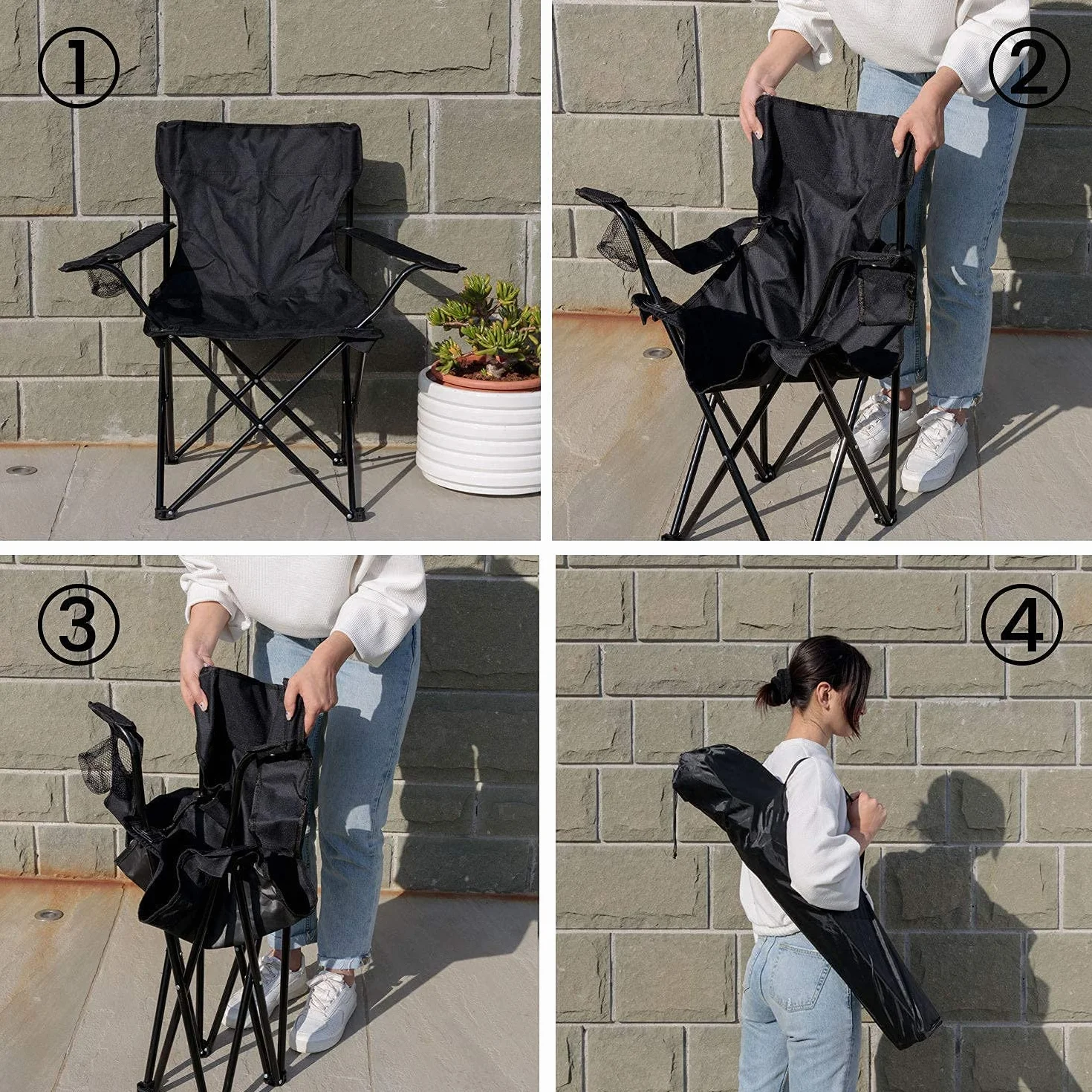 Baroni Home Sedia Campeggio Pieghevole Impermeabile Portatile 50x50x80 cm Set 2 Nero