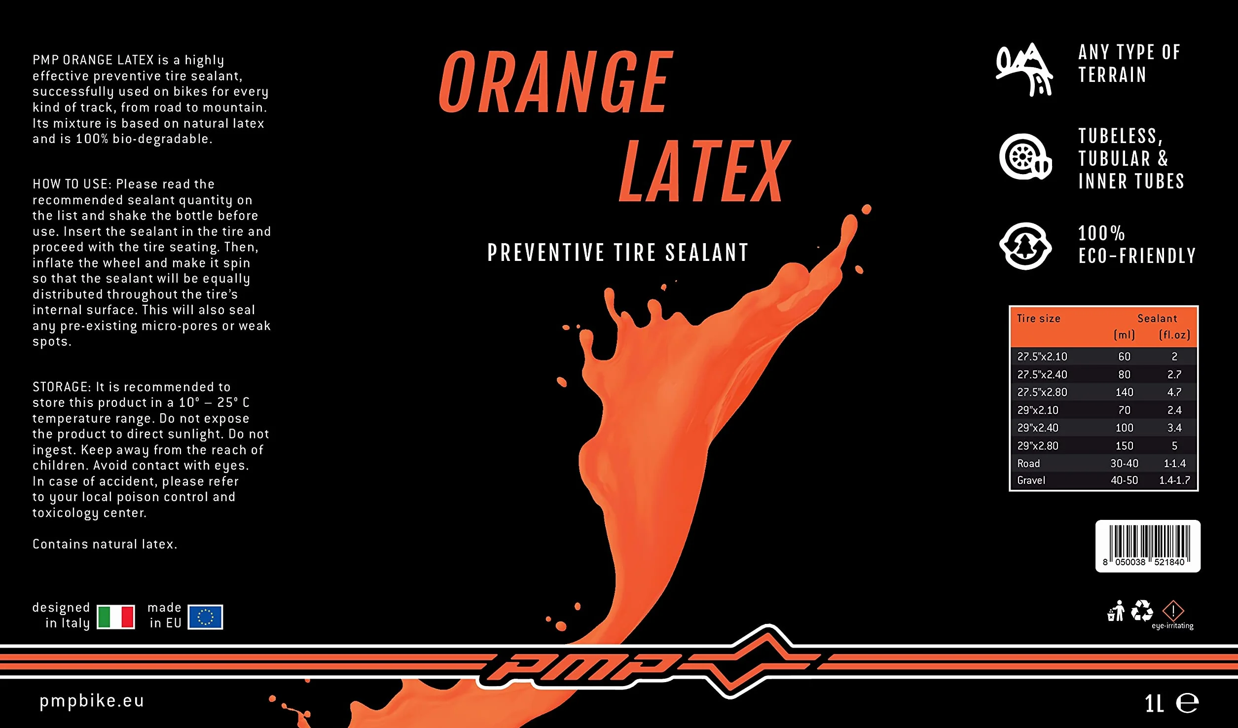 PMP Orange Latex Sigillante Antiforatura per Coperture Tubeless MTB e Strada