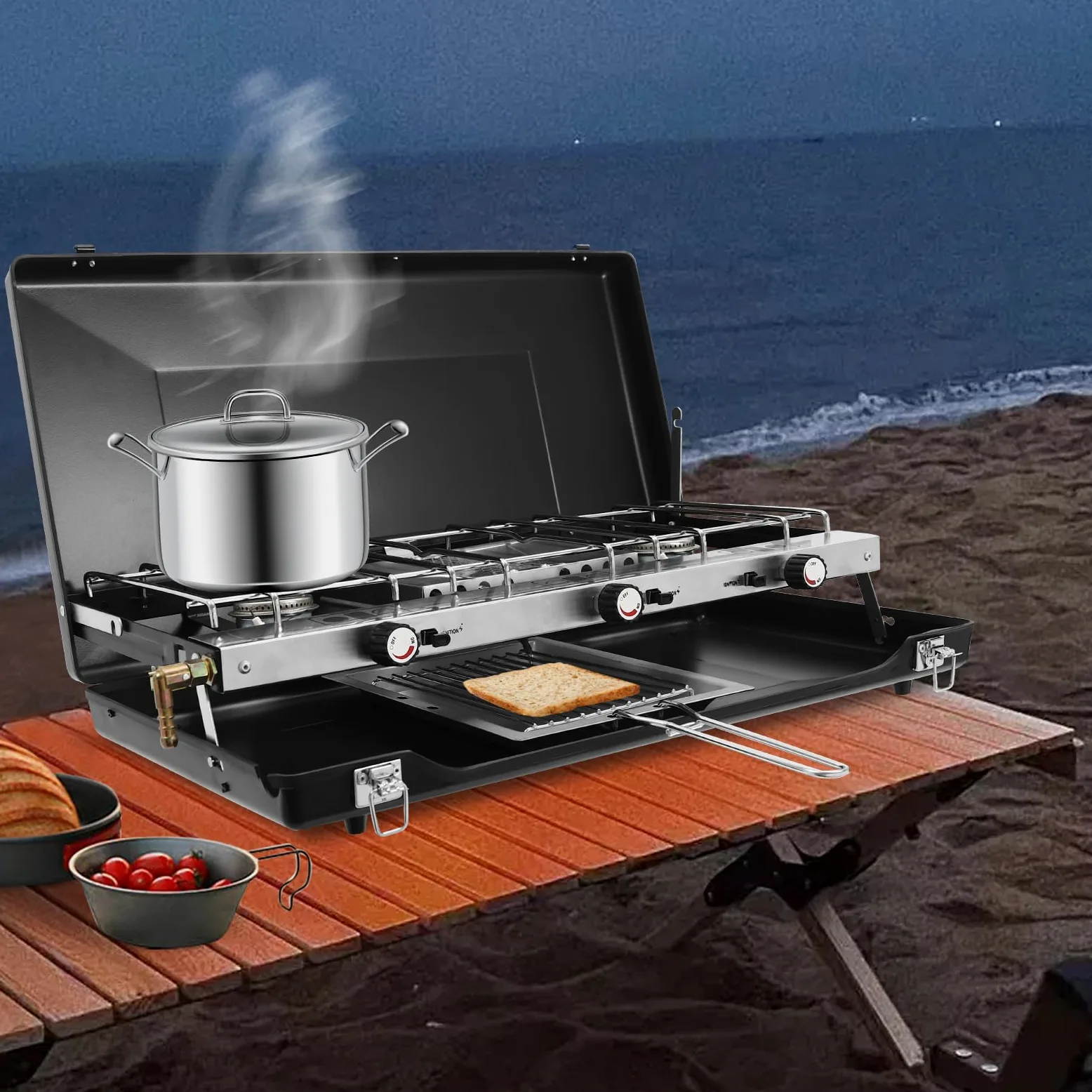 Fornello da campeggio pieghevole, fornello a gas da campeggio con 3 bruciatori e accensione piezoelettrica, 4500 W, per esterni, barbecue, picnic