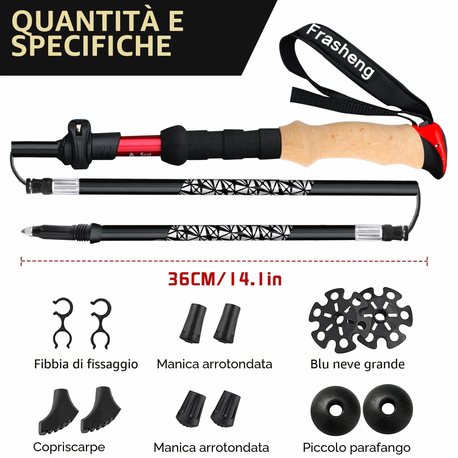 Bastoni Trekking Pieghevoli 7075 Alluminio, Nordic Walking Bastoncini con Manico in Sughero, 115-135cm, Nero
