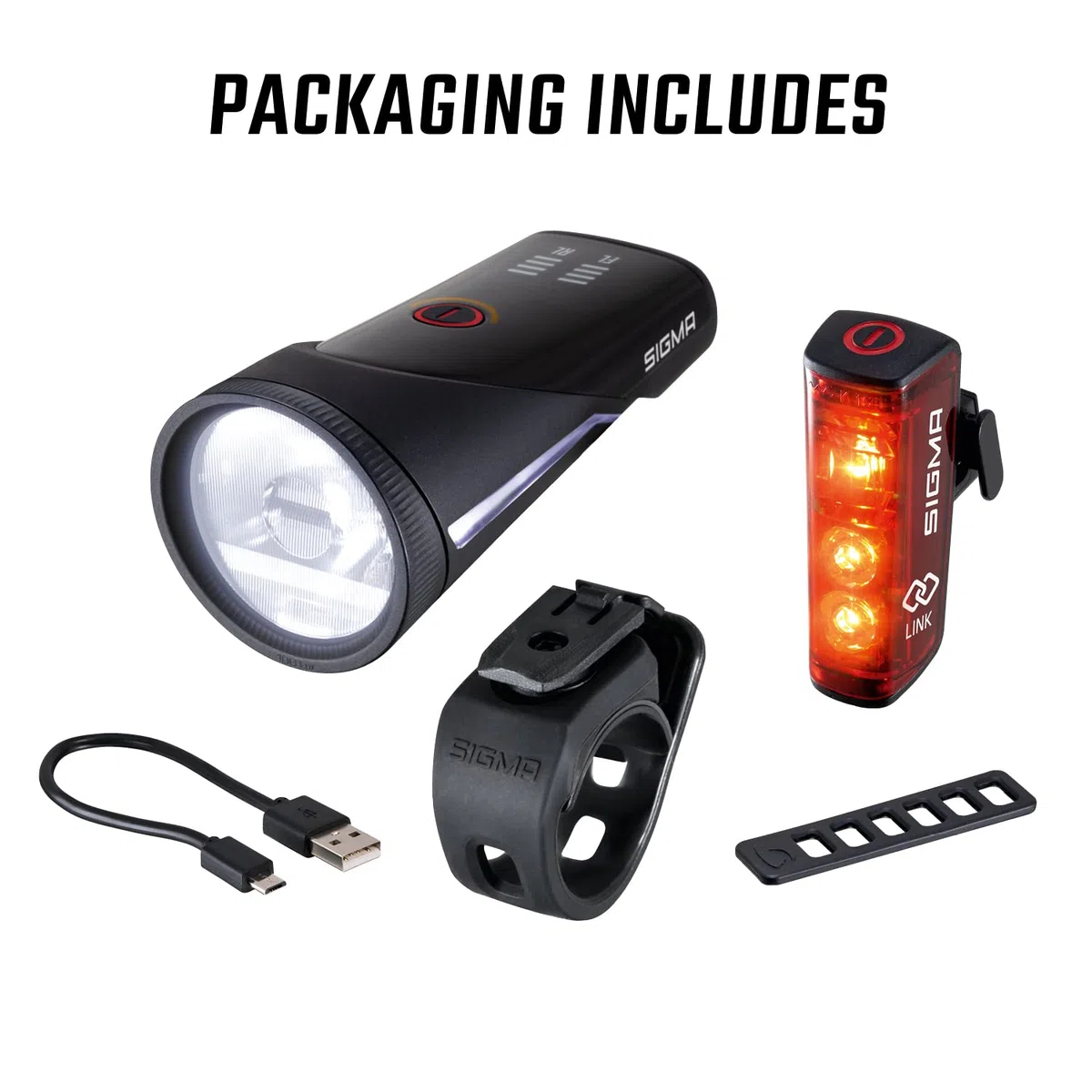 SIGMA Aura 100/Blaze Link set di luci per bici (attacco in silicone) | innovativa funzione frizione | luce anteriore a LED con 100 lux | luce posteriore con funzione luce freno