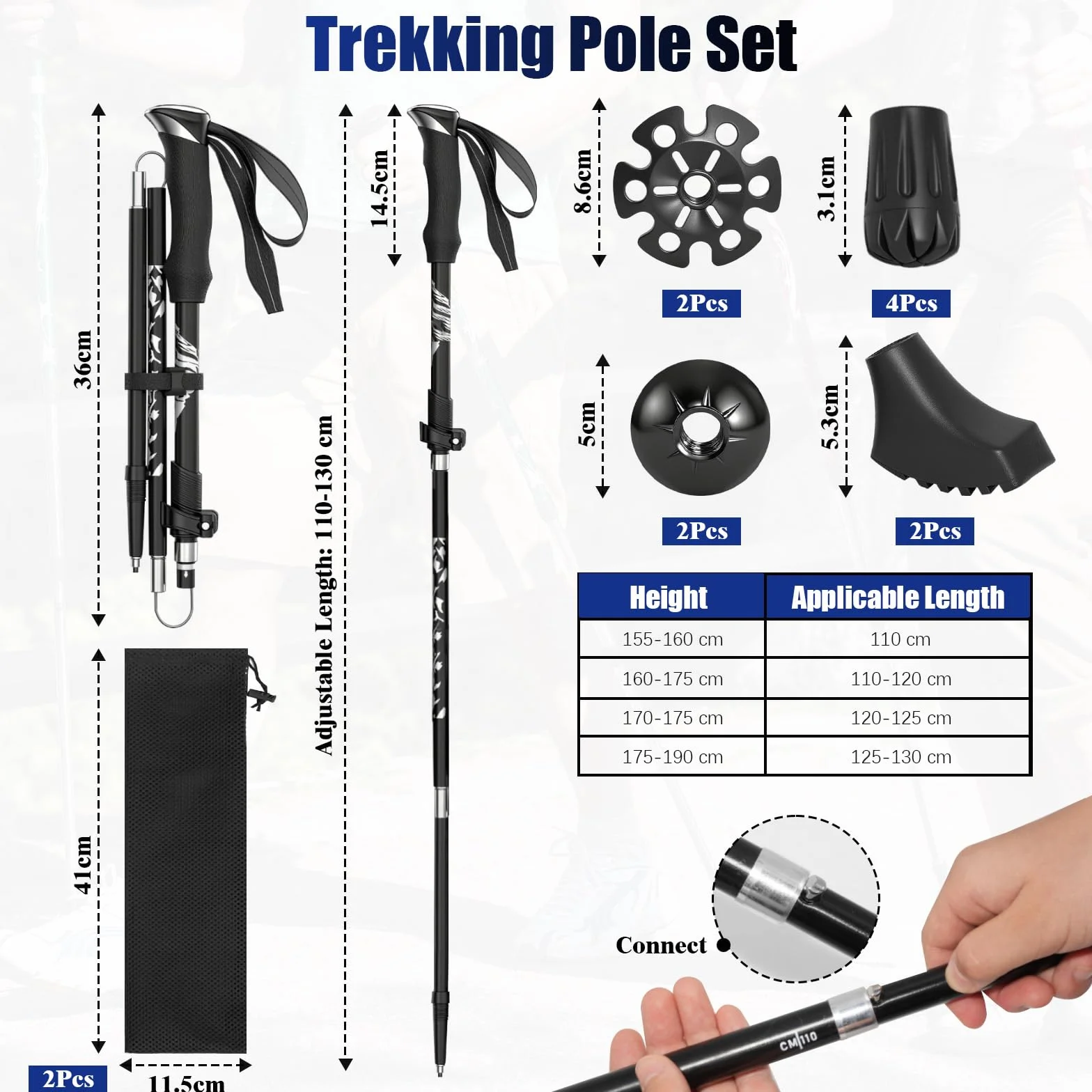 Bastoncini Trekking Pieghevoli in Alluminio Regolabili 110-130cm Nordic Walking 4 Paia Puntali Gomma