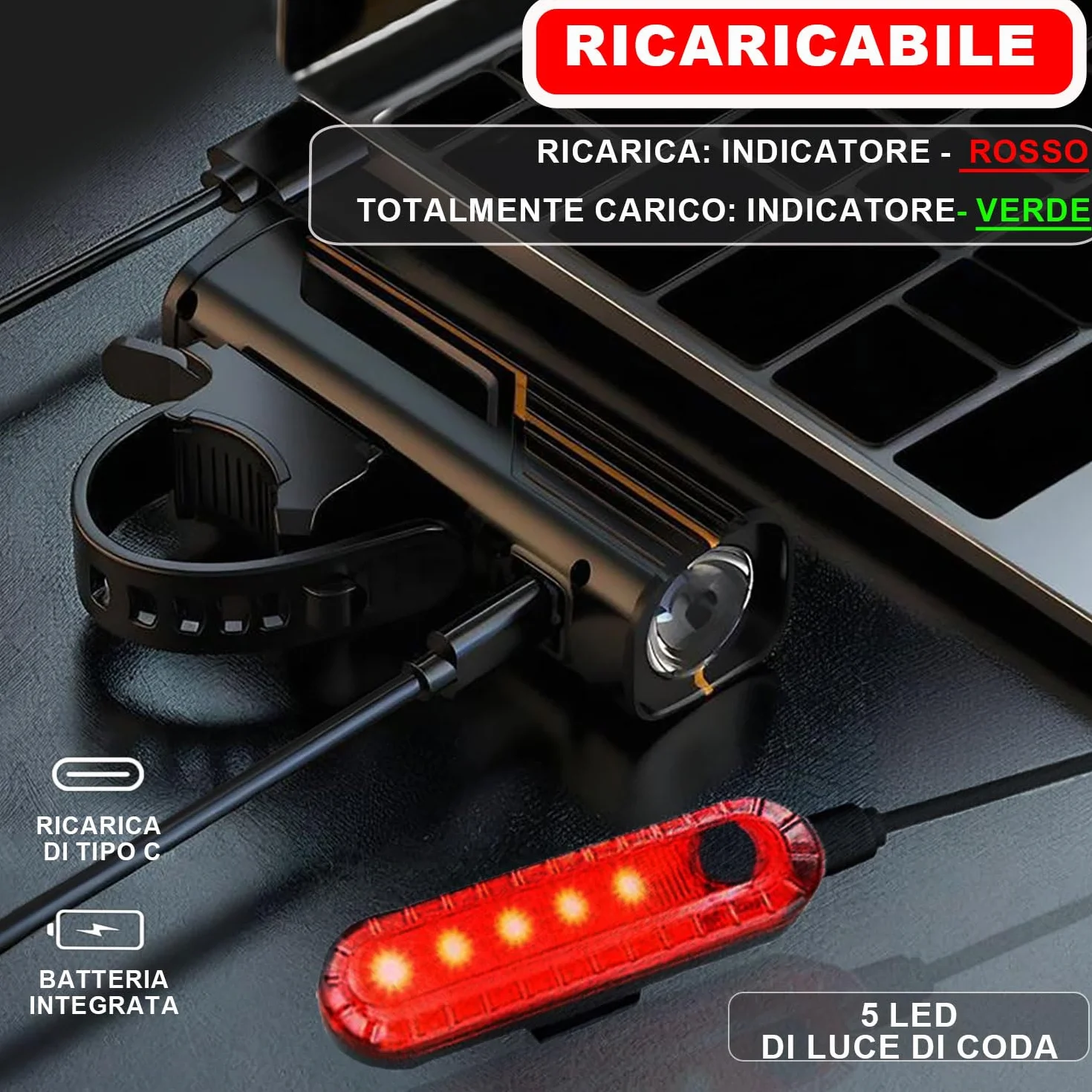 EBUYFIRE Luci Bicicletta LED con Sensori di Luce e Display Digitale, Set Ricaricabile Super Luminoso Anteriore e Posteriore