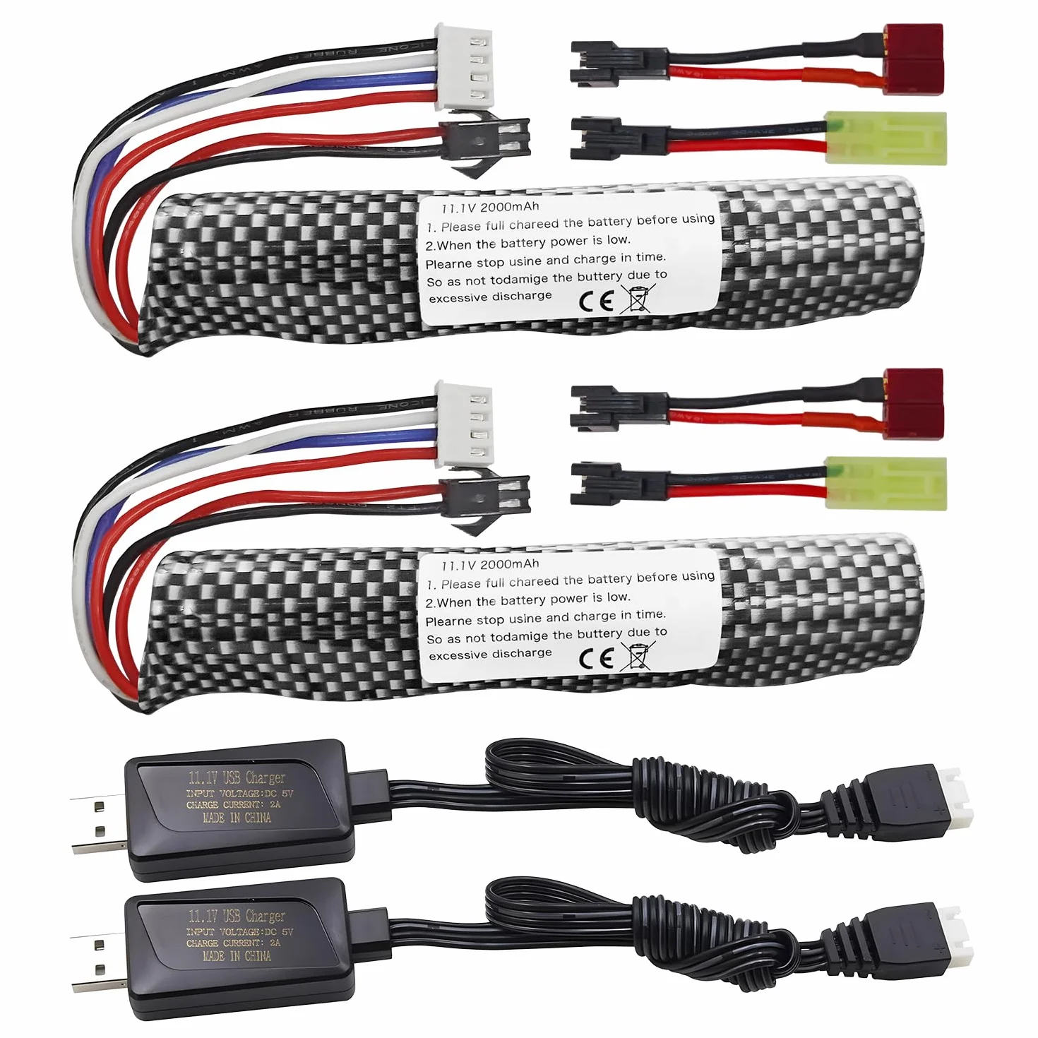 Batteria Li-ion 11.1V 2000mAh 3S SM-2P con Cavo di Ricarica USB per Airsoft Gel Ball Blaster