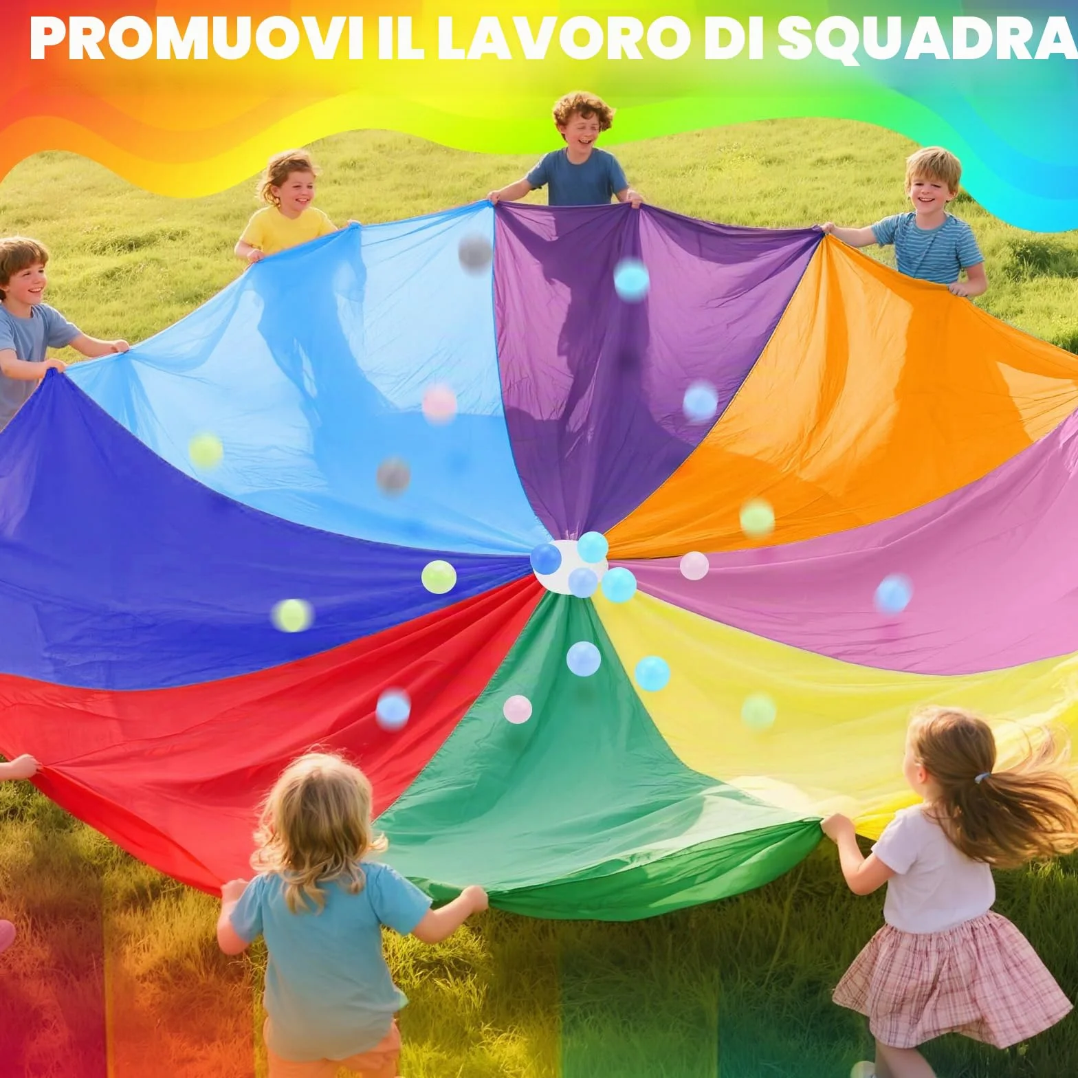 Paracadute Bambini Ø 300 cm Giochi di Gruppo al Chiuso e All'Aperto per Eventi Scolastici e Feste di Compleanno