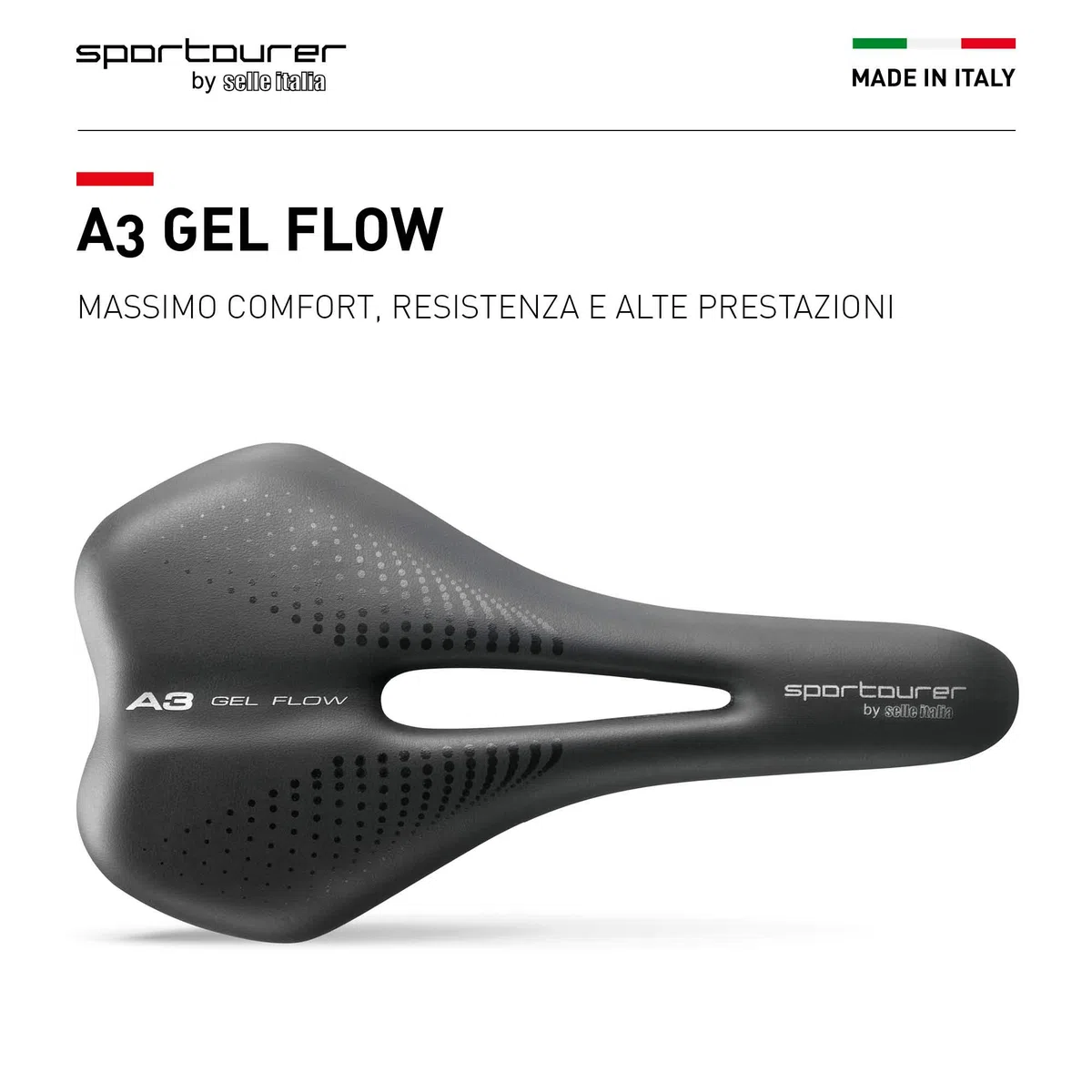Selle Italia A3 GEL FLOW - Sella Comoda per Bicicletta con Gel, Foro Anatomico, Resistente all'Acqua e Adatta a Tutti i Tipi di Bici - Nero
