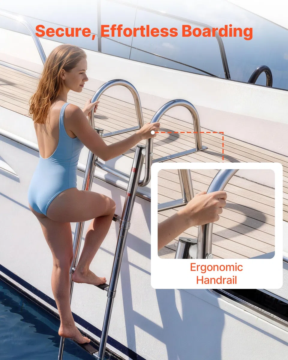 VEVOR Scaletta per Barca in Acciaio Inox, Scaletta Telescopica Pieghevole a 4 Gradini con Corrimano, per Piattaforma di Poppa, Portata Fino a 272 kg, Gradini Antiscivolo, per Gommone, Yacht e Pontoni