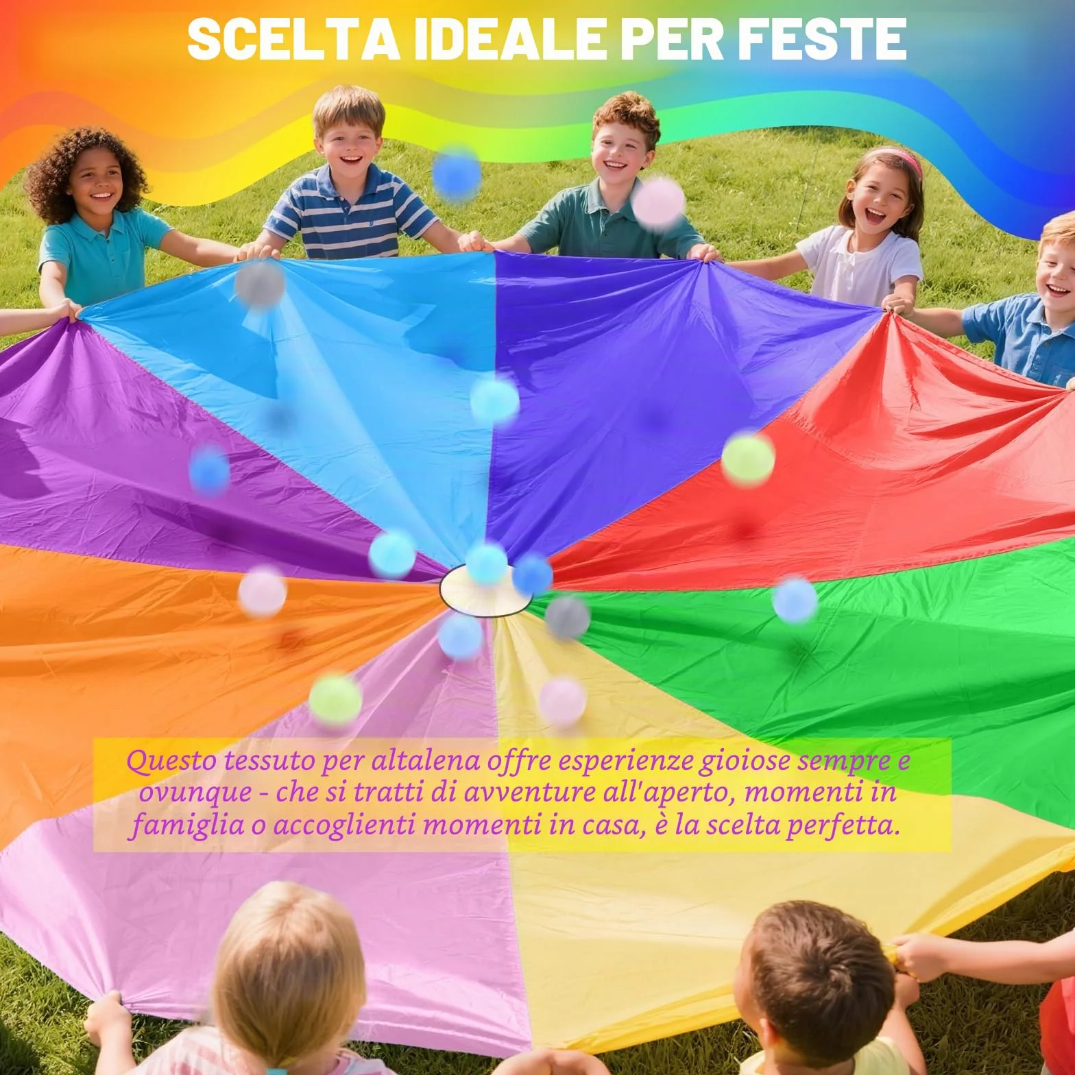 Paracadute Bambini Ø 300 cm Giochi di Gruppo al Chiuso e All'Aperto per Eventi Scolastici e Feste di Compleanno