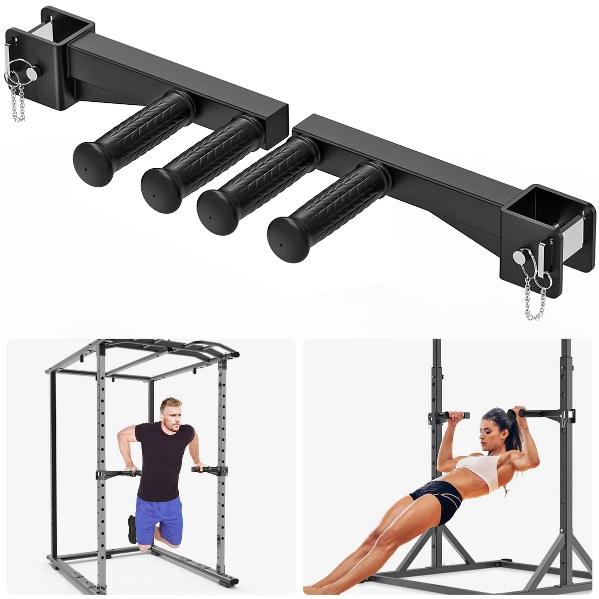 Attacco per barra per immersioni per power rack da 2 x 2 pollici e 3 x 3 pollici, maniglie larghe e strette antiscivolo, attacco per squat rack per immersioni