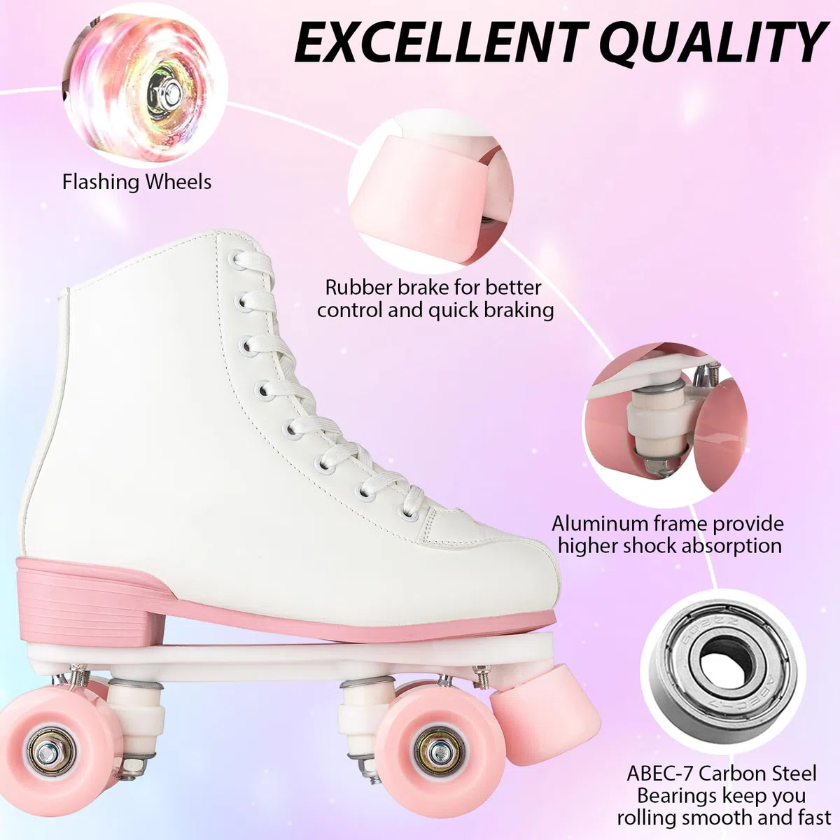 XUDREZ Roller Skates for Women Girls Light Up Adult Roller Derby Skates Double Row PU Leather Skates for Youth Beginner Outdoor