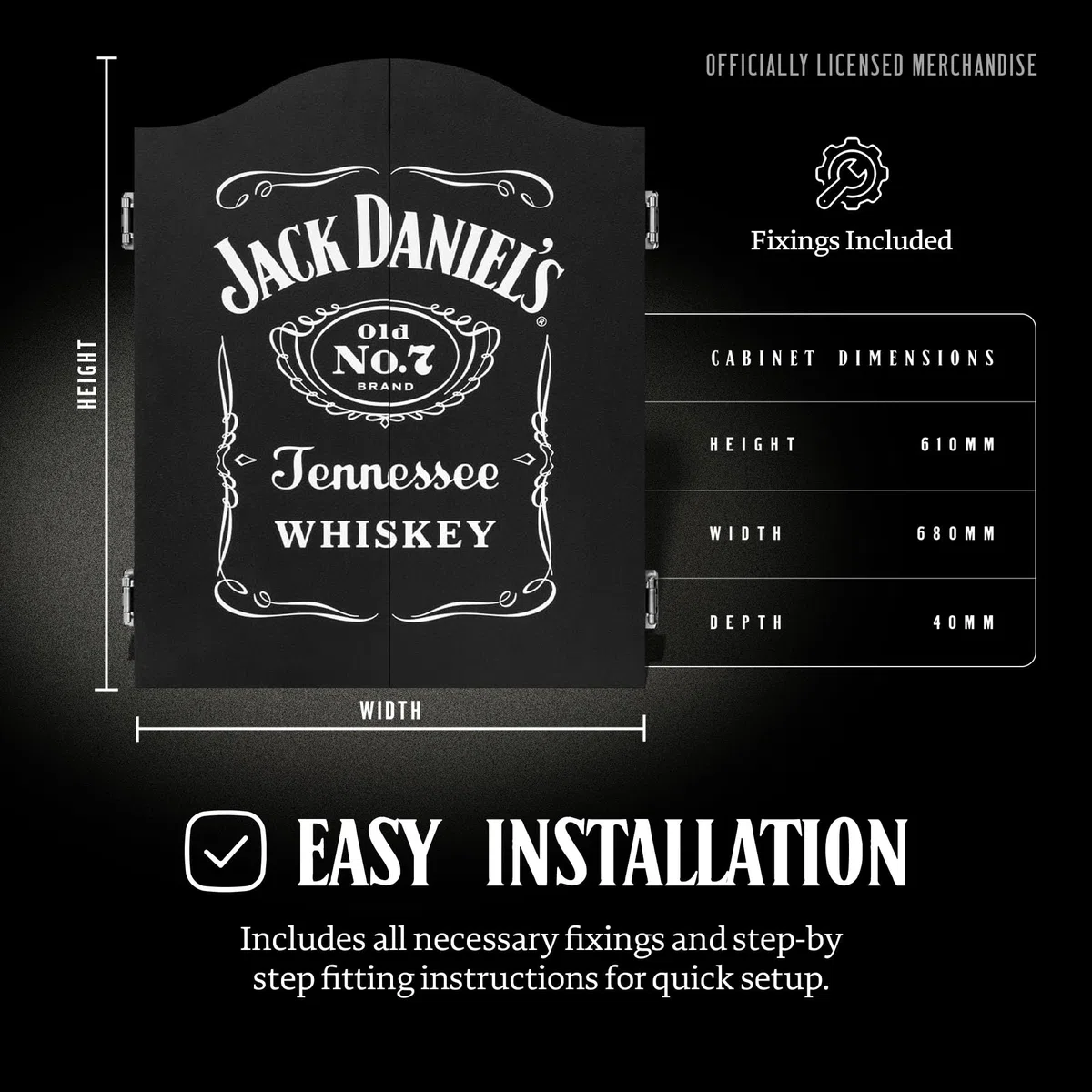 Jack Daniel's Armadietto per bersaglio in legno nero con licenza ufficiale | JD Logo CAB014