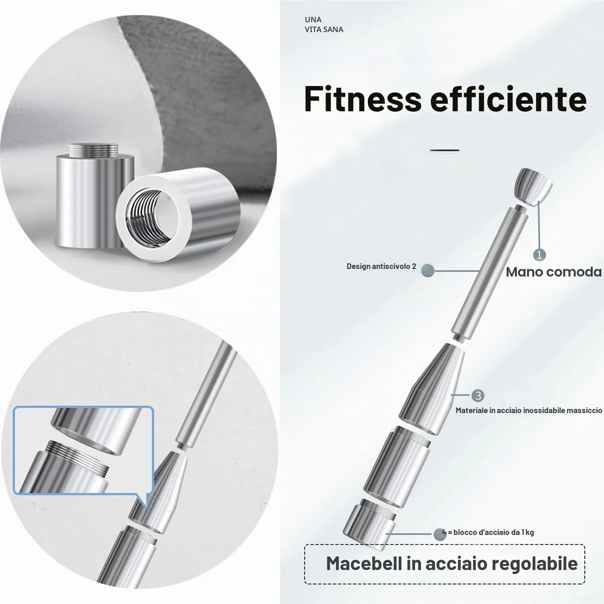 ZhaoCo Mazza regolabile 6 in 1 in acciaio – Indian Clubbell, peso per allenamento con la forza, allenamento delle spalle, rinforzo dell'impugnatura e allenamento completo con funzione di allungamento
