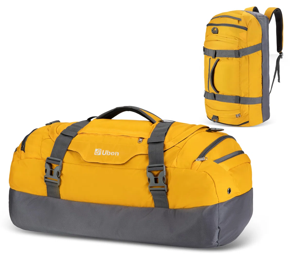 Ubon Borsone da Viaggio Grande Borse con Spazio per Laptop Vano Biancheria Ventilato Scomparto Scarpe Cinghie di Compressione Attrezzatura Escursionismo Campeggio Spiaggia Palestra Unisex Giallo 65L