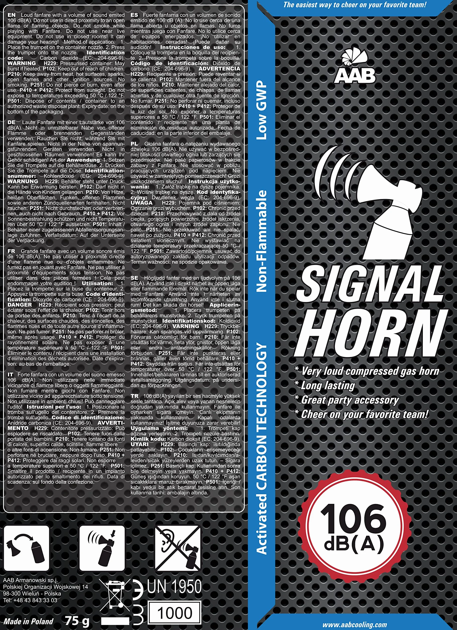 AAB Signal Horn - Trombetta da Stadio ad Aria Compressa con Gas Non Infiammabile, 320 Segnali Brevi, Molto Rumorosa