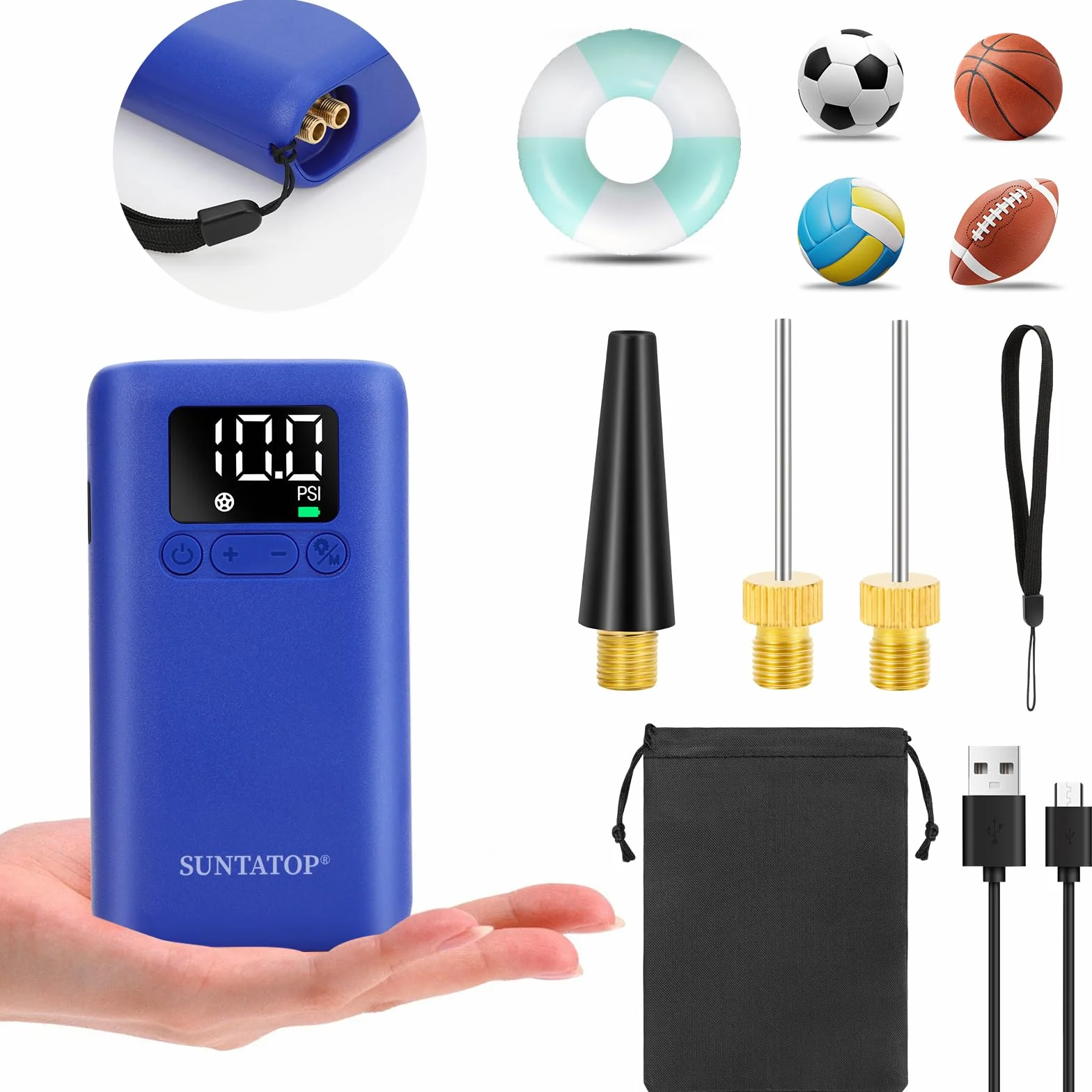 Gonfiatore Elettrico Portatile Ricaricabile 1,38 Bar 200 Lumen Torcia Pompa d'Aria per Palloni