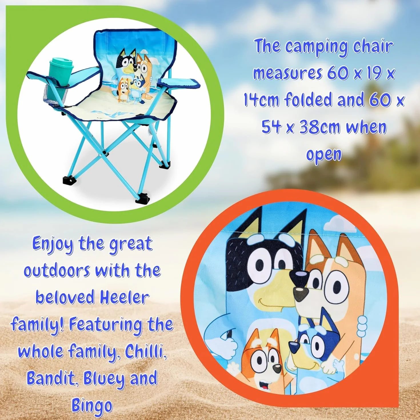 Toyland® Bluey & Bingo sedia da campeggio pieghevole per bambini con portabicchieri e borsa portaoggetti - Perfetta per gite in campeggio, spiaggia e giardino