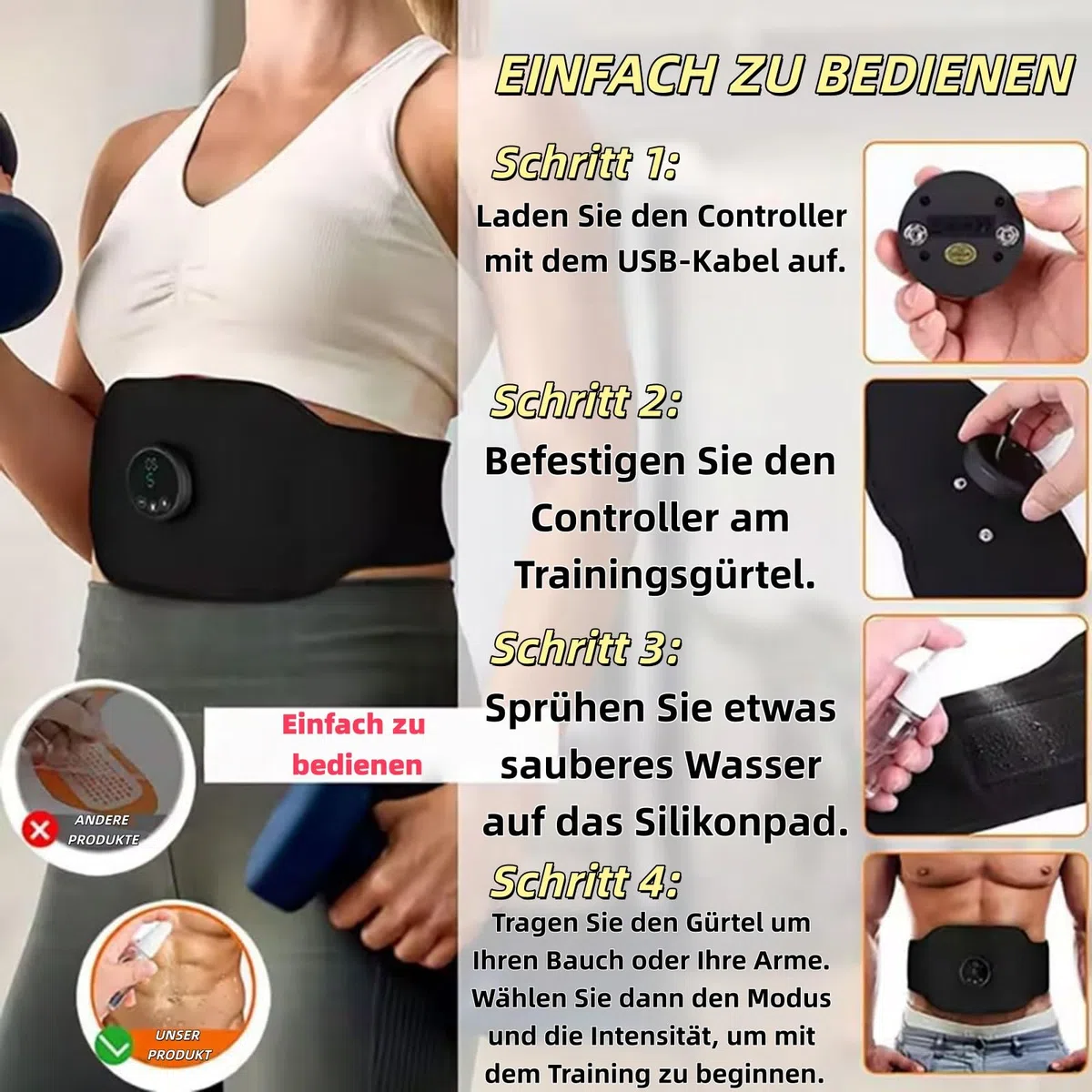 Apeborn - Set di 3 attrezzi per l'allenamento addominale EMS, 12 programmi di allenamento e 19 livelli di intensità, ricaricabile tramite USB, adatto per addominali e braccia