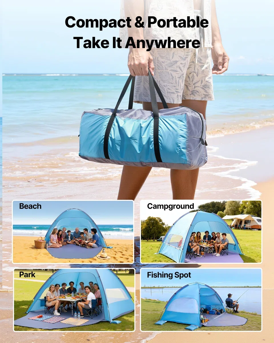 VEVOR Tenda da Spiaggia Parasole per Mare per 8 Persone, Tenda da Sole Portatile con Borsa per il Trasporto e Ancoraggi a Terra, Ombrellone da Spiaggia Leggero per Campeggio, Pesca, Picnic