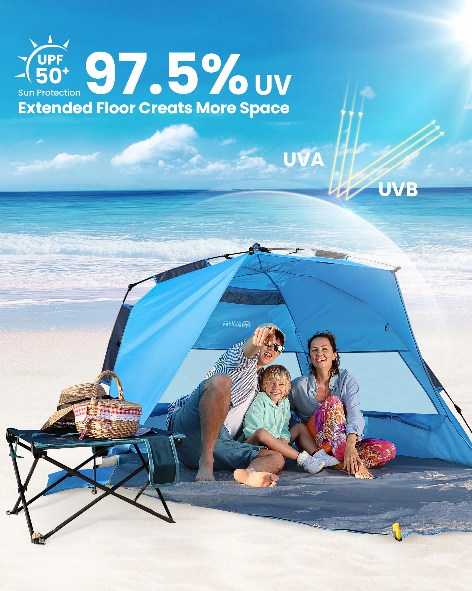 OutdoorMaster Tenda da spiaggia pop up per 3-4 persone, misura XL, facile da installare, portatile, pieghevole, con protezione UV UPF 50+, lucernario rimovibile per famiglie