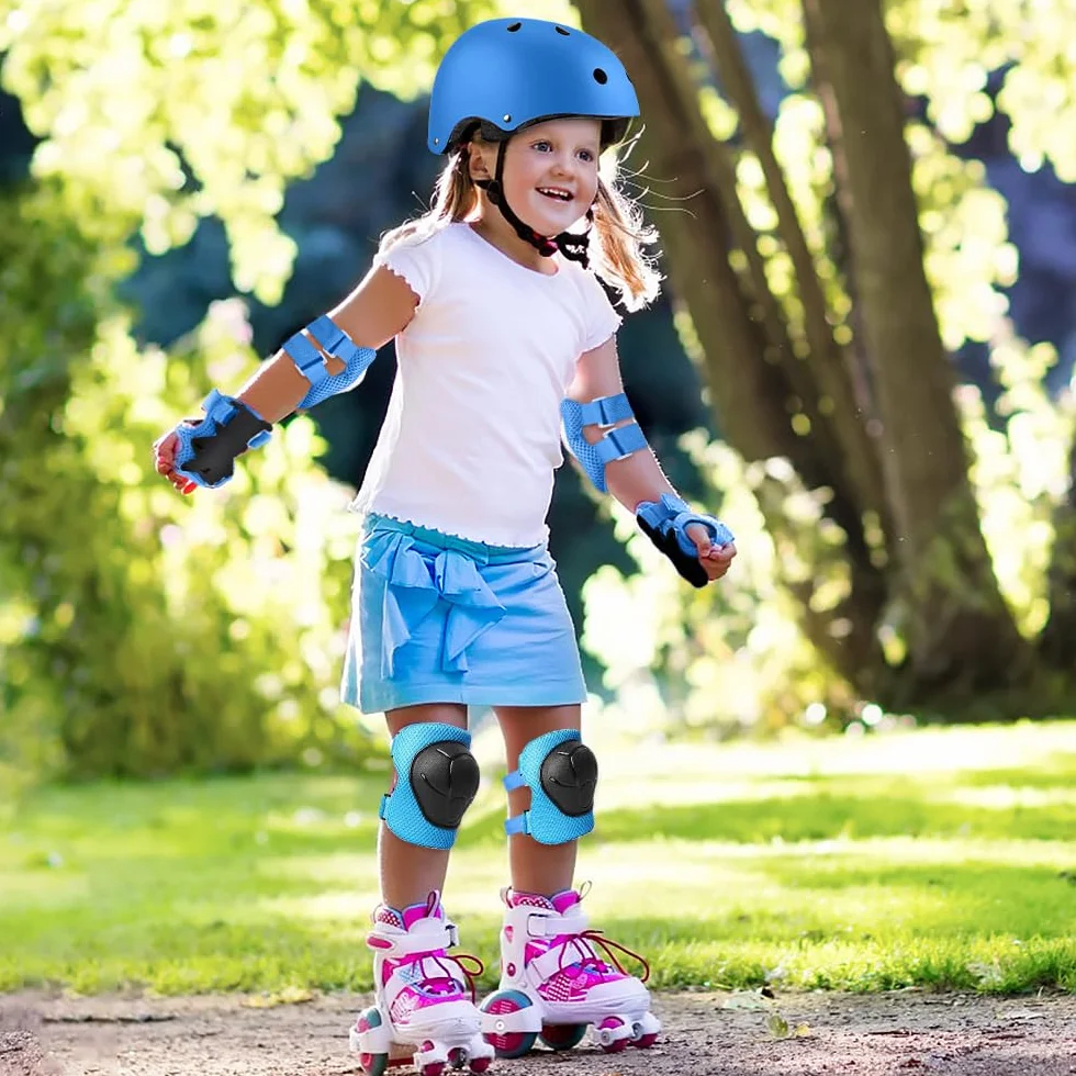 Set di Casco Protezione Bambini, 5 in 1 Casco Bici Protezioni Set per 3-11 Anni Regolabile Polso Ginocchiere Protezione per Skateboard Hoverboard Pattini in Linea(Blu)