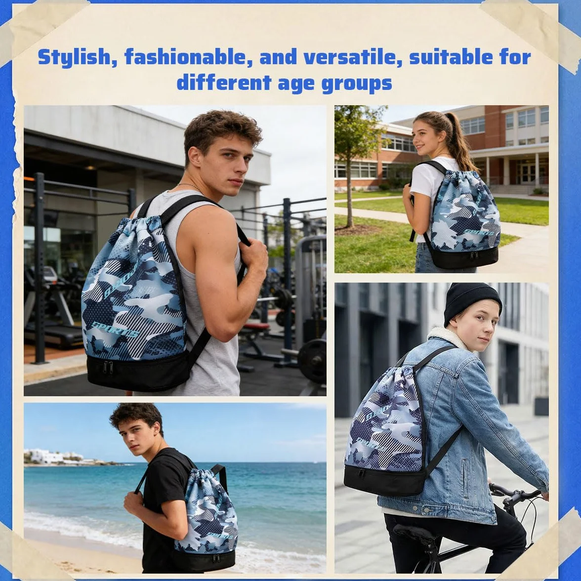 Borsa da Palestra con Coulisse Impermeabile Grande Scomparto Scarpe Sportivo Zaino Unisex per Yoga Spiaggia Nuoto