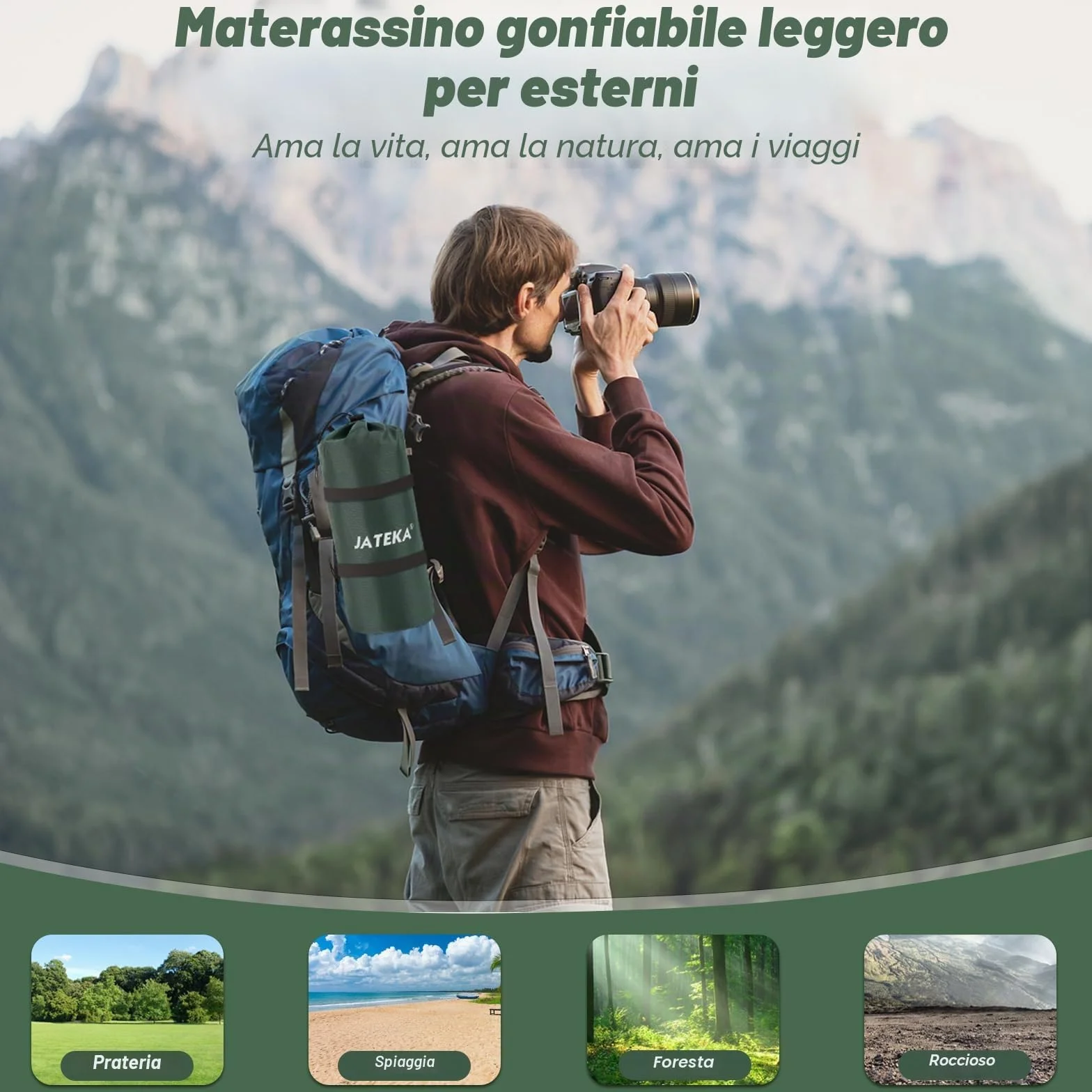 JATEKA Materassino Campeggio Autogonfiabile Singolo con Pompa a Pedale e Cuscino, Compatto e Leggero