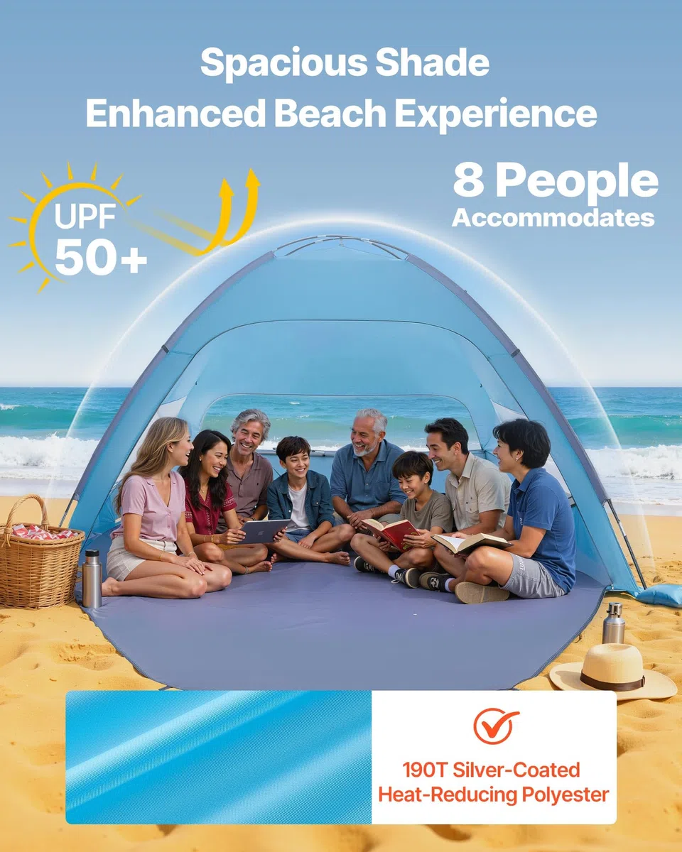 VEVOR Tenda da Spiaggia Parasole per Mare per 8 Persone, Tenda da Sole Portatile con Borsa per il Trasporto e Ancoraggi a Terra, Ombrellone da Spiaggia Leggero per Campeggio, Pesca, Picnic