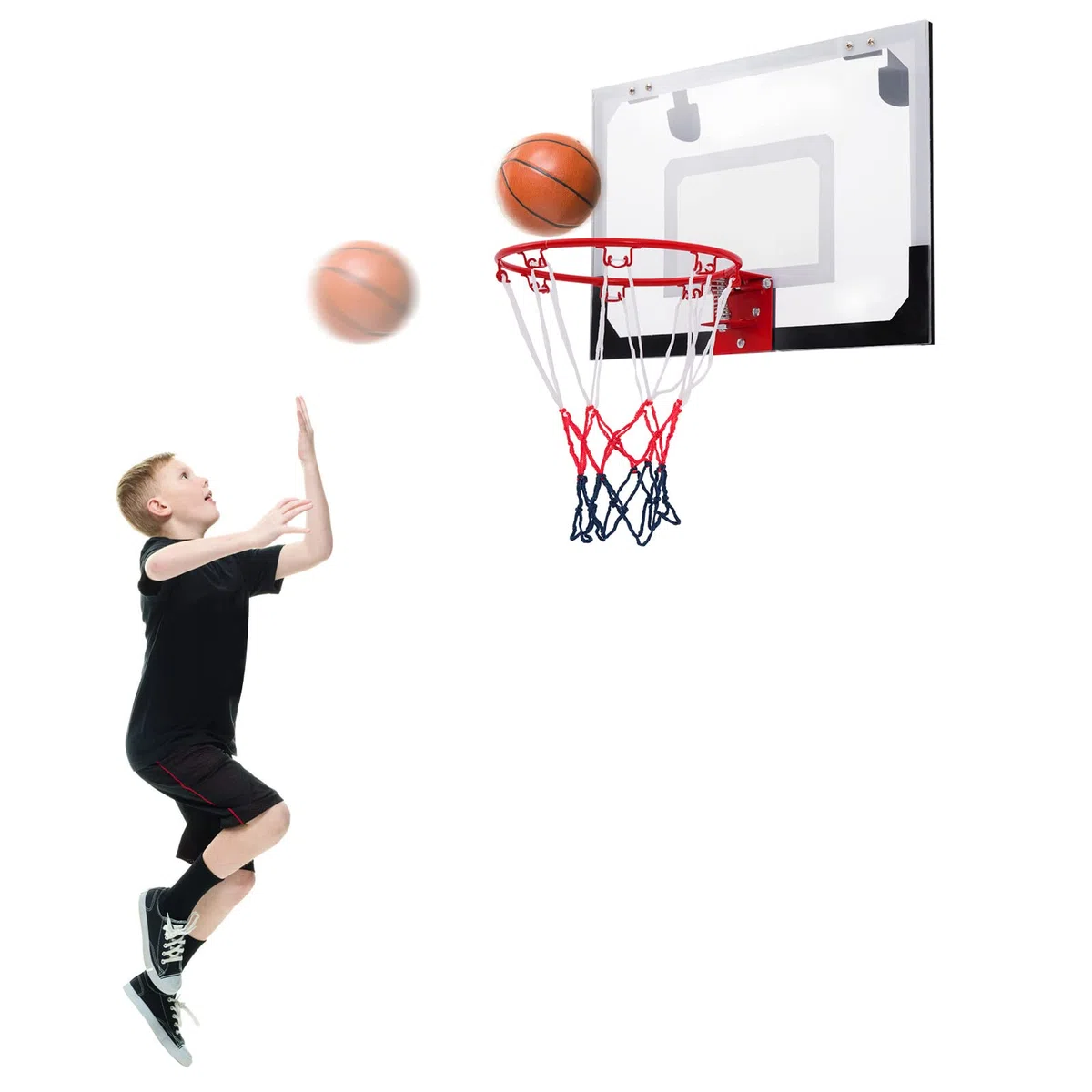 GYMAX Basket a Muro Trasparente, Tabellone da Basket in Plastica con Canestro, con Tabellone in PC Antirottura, Rete Resistente, con Canestro Diametro 23.5 cm, 45x30 cm
