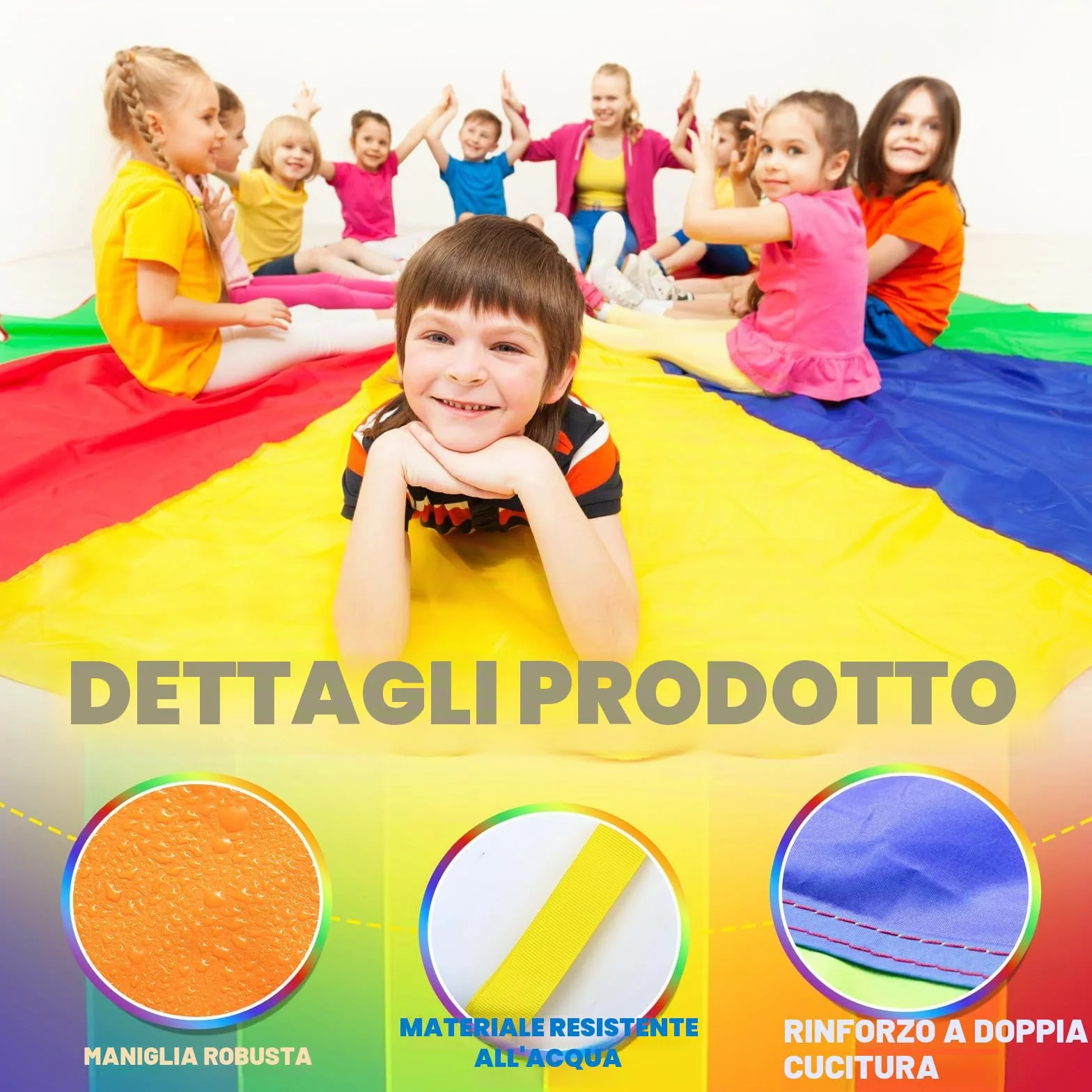 Paracadute Bambini Ø 300 cm Giochi di Gruppo al Chiuso e All'Aperto per Eventi Scolastici e Feste di Compleanno