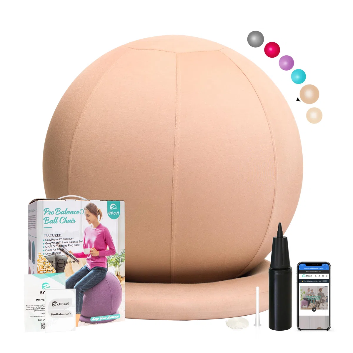ProBalanceΩ Sedia a sfera, sedia a sfera da yoga con fodera e base per scrivania da casa e ufficio, parto e gravidanza, palla di stabilità e seduta per alleviare il dolore alla schiena, diverse