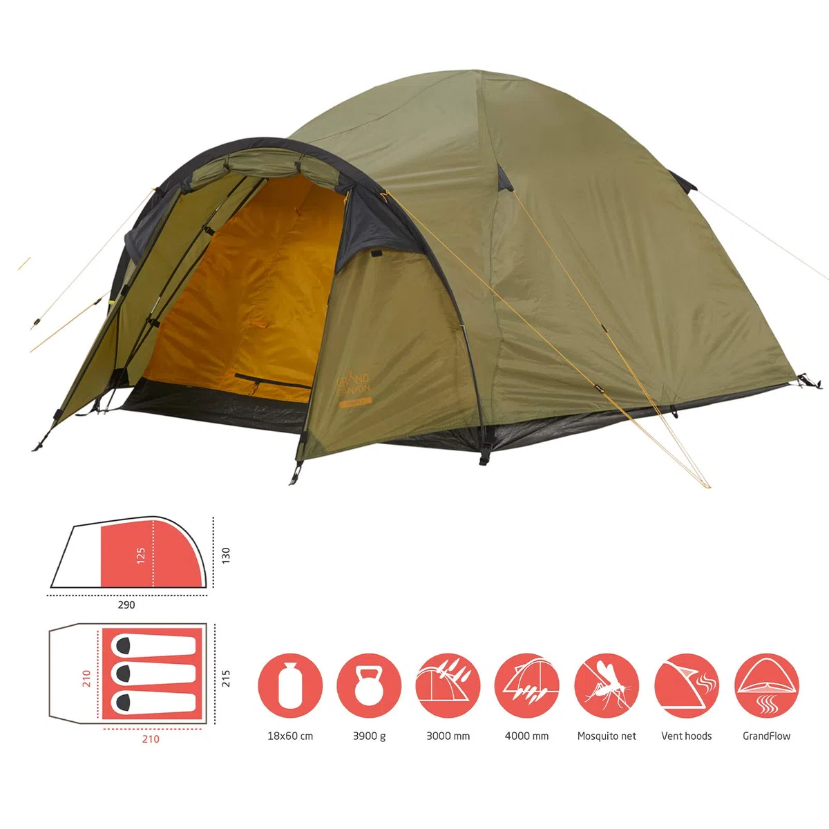 Grand Canyon Topeka 3 - Tenda a cupola per 3 persone, ultra leggera, impermeabile, ingombro ridotto, per trekking, campeggio, attività all'aperto