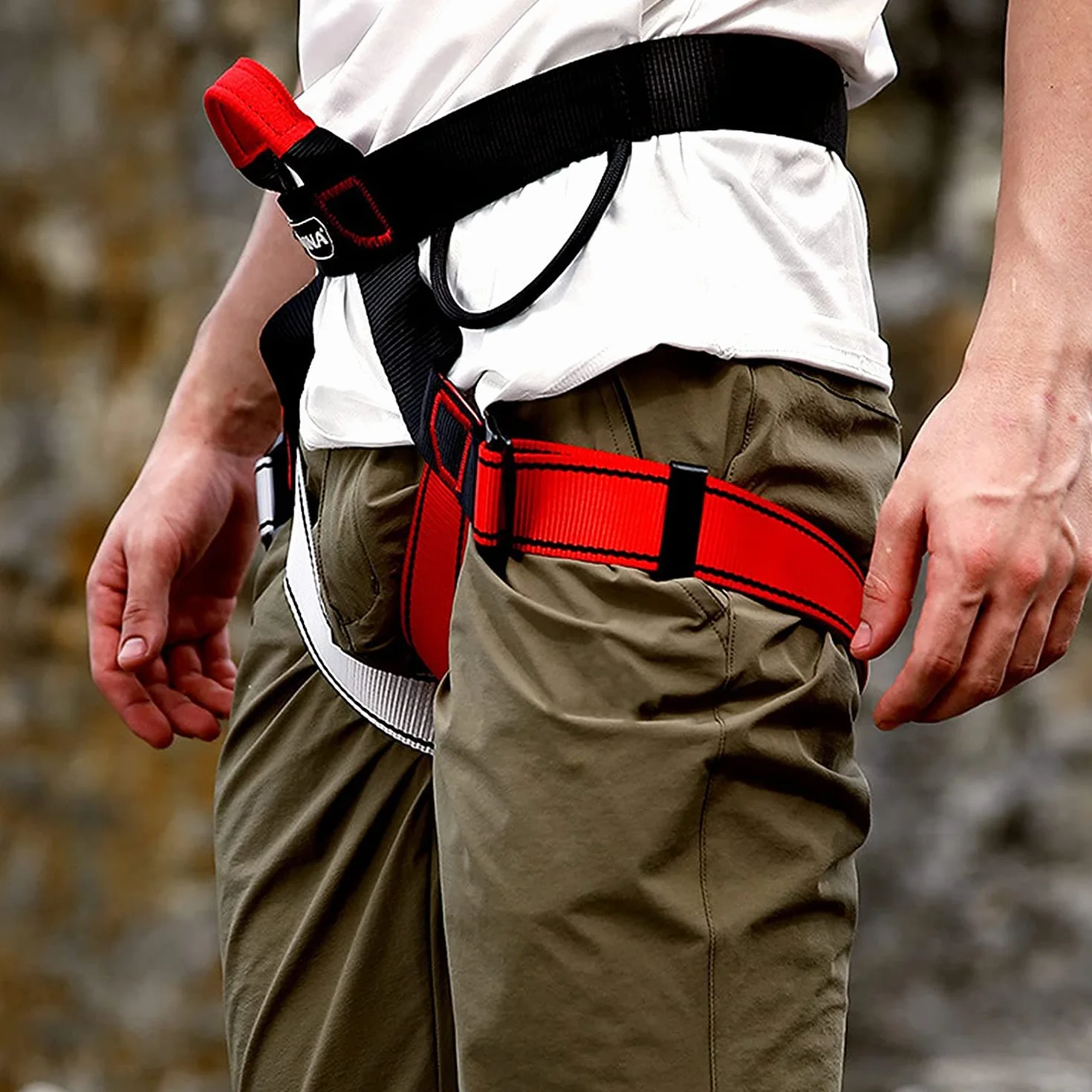 Imbracatura da Arrampicata a Metà Corpo, Cintura per Alpinismo, Anticaduta, Donna Uomo (Nero Rosso)
