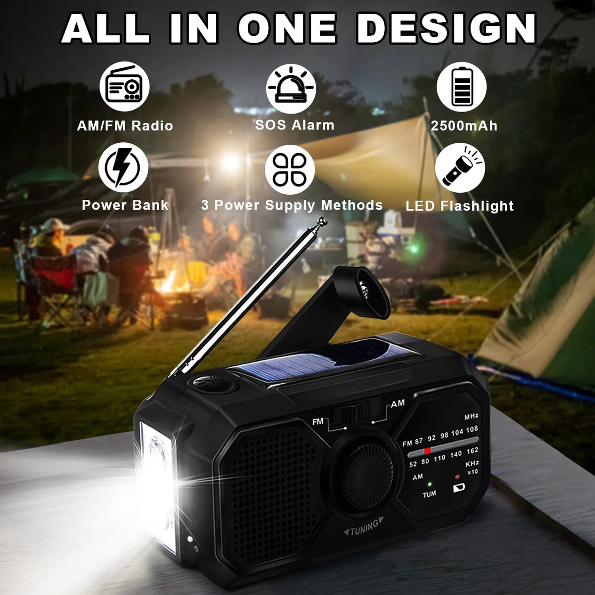 HOSSOM Solare Radio di Emergenza, AM/FM Radio a Manovella, Radio Portatile 2500mAh Ricaricabile con Torcia LED/Allarme SOS, per Campeggio, Ourdoor, Emergenza