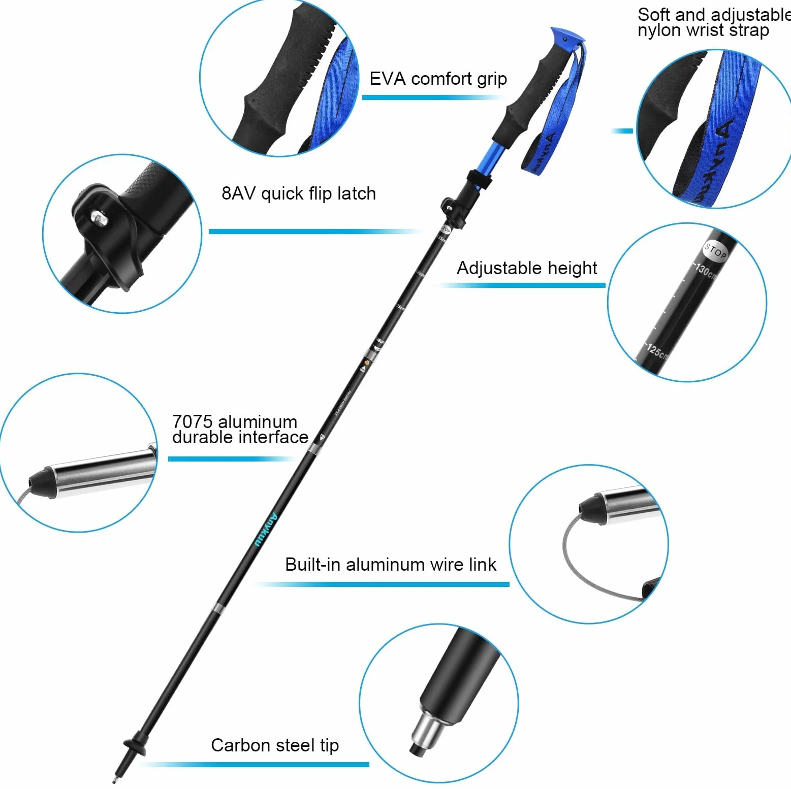Anykuu Bastoni Trekking Pieghevoli 110-130cm 7075 Alluminio Nordic Walking con Manico Eva