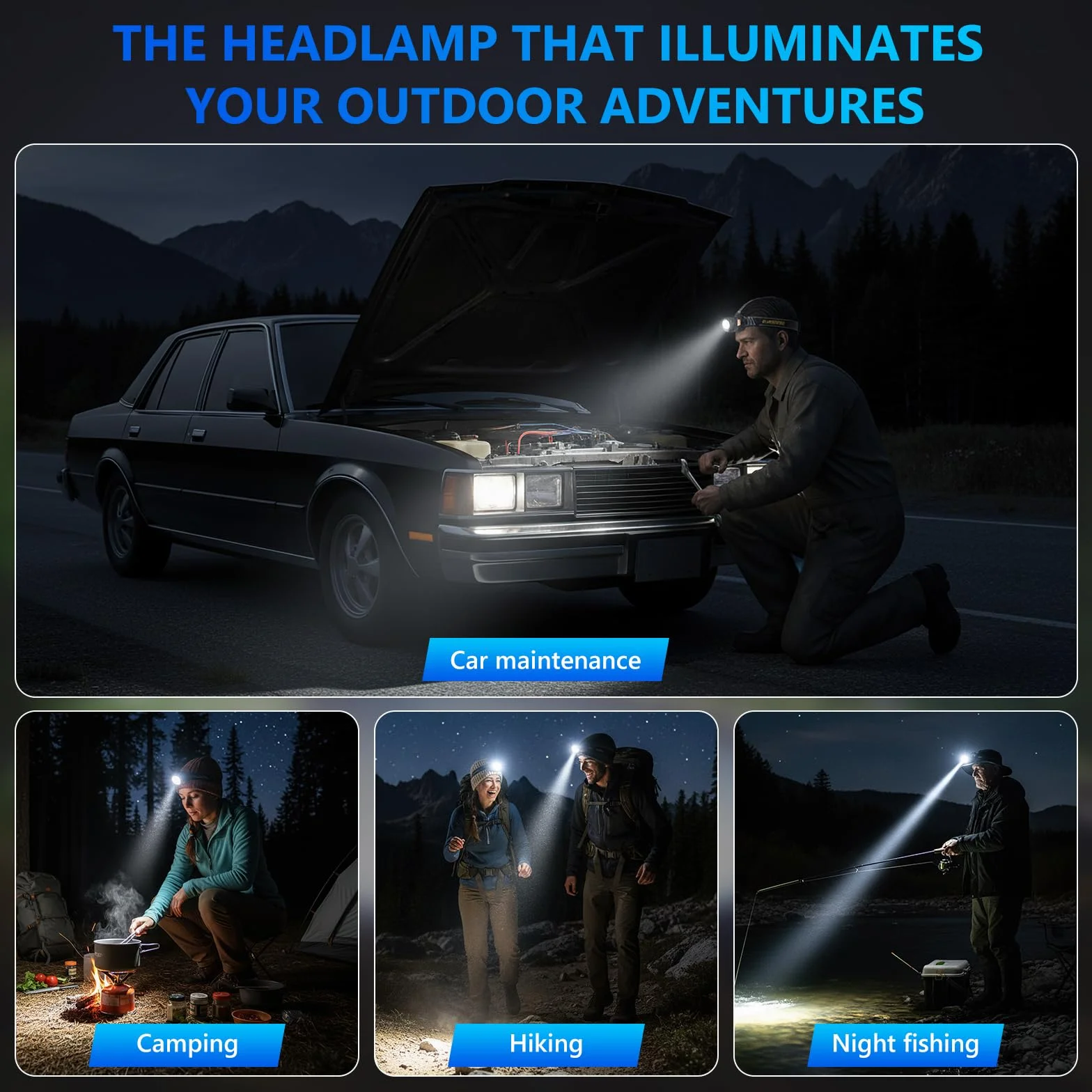 Rechargeable LED Headlamp 120000 Lumen, IPX7 9000mAh, 12 Modes, Sensor, Zoomable for Camping Fishing