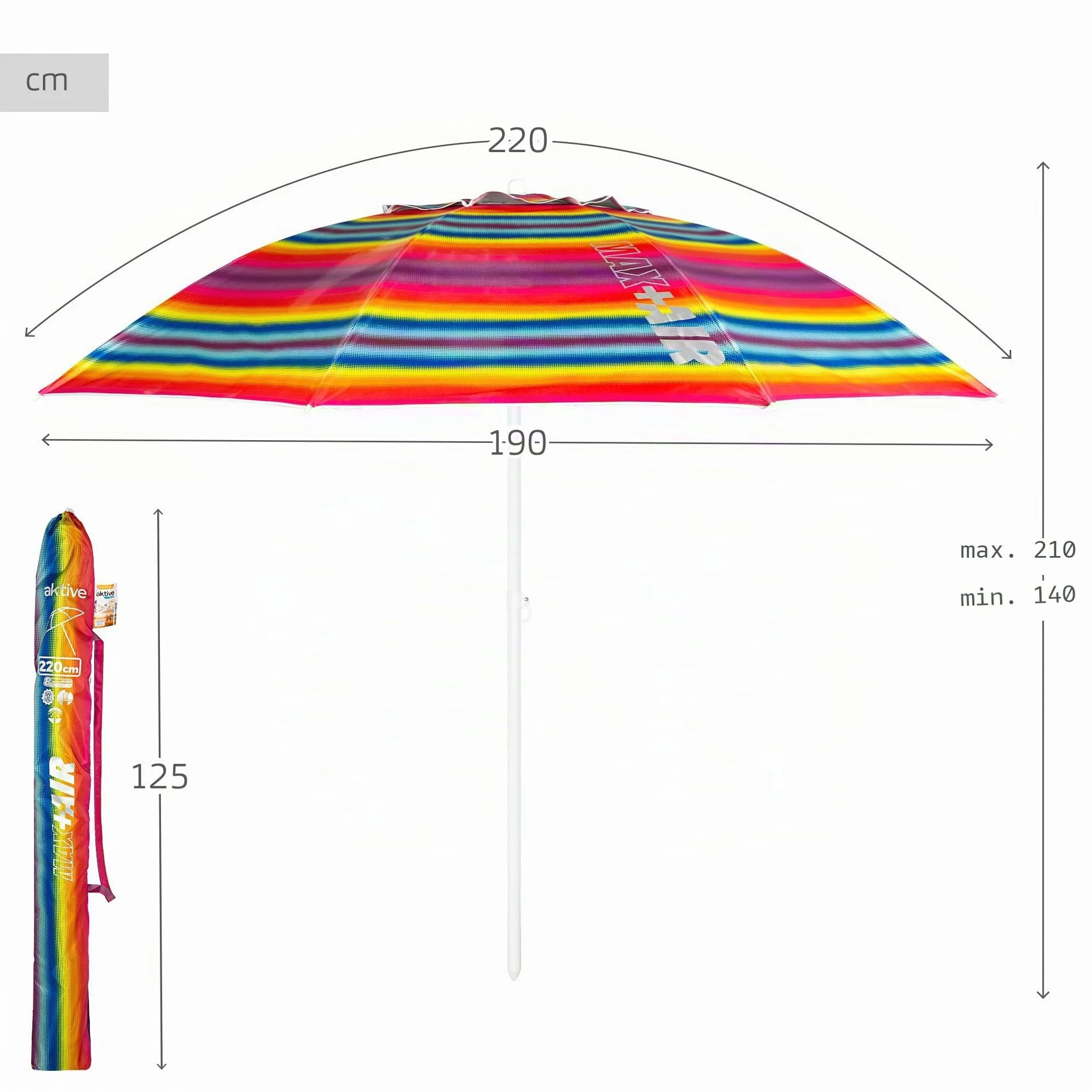 AKTIVE Ombrellone da spiaggia, 220 cm, antivento, tetto ventilato, palo da 28-32 mm, protezione UV 50, borsa portaoggetti inclusa, spiaggia