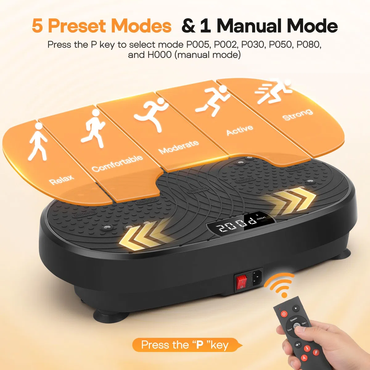 Piastra Vibratoria, 6 Modalità e 120 Velocità Regolabili Piastra Vibratoria Macchina per Esercizio con Fasce di Resistenza e Telecomando, Piastra Vibratoria Timer per Casa/Palestra/Ufficio