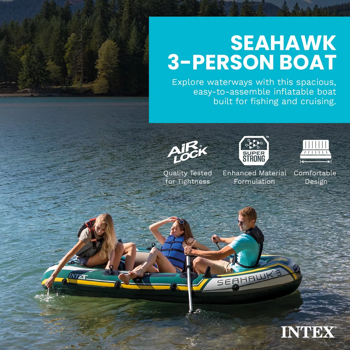 INTEX Serie di barche gonfiabili Seahawk: include remi in alluminio deluxe e pompa ad alto rendimento, PVC super resistente, supporti per canna da pesca, maniglie resistenti, custodia per attrezzi