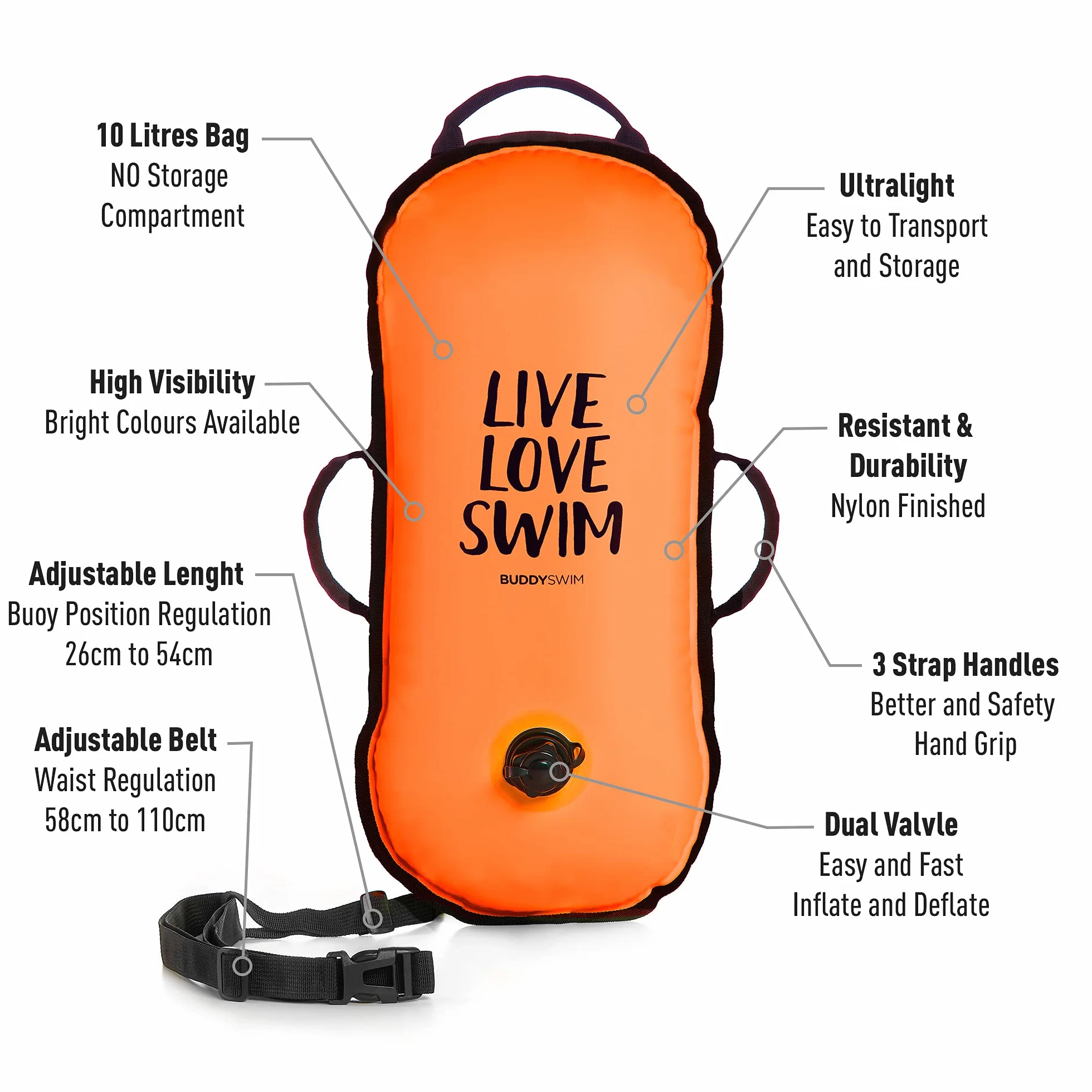 Boa per Nuoto in acque libere 10 L per Traversate e Competizioni. Finitura in Nylon, Ultra Leggera e Resistente, con Manici e Cintura Regolabile.