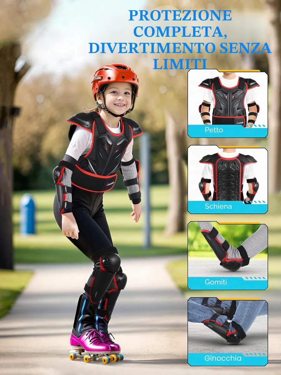 Armatura Moto per Bambini - JUSTDOLIFE Protettore Motocross a Guscio Spesso per Giovani Adolescenti con Protezioni per Ginocchia Gomiti Braccia e Spalle per Ciclismo Fuoristrada sci (Nero-Rosso)