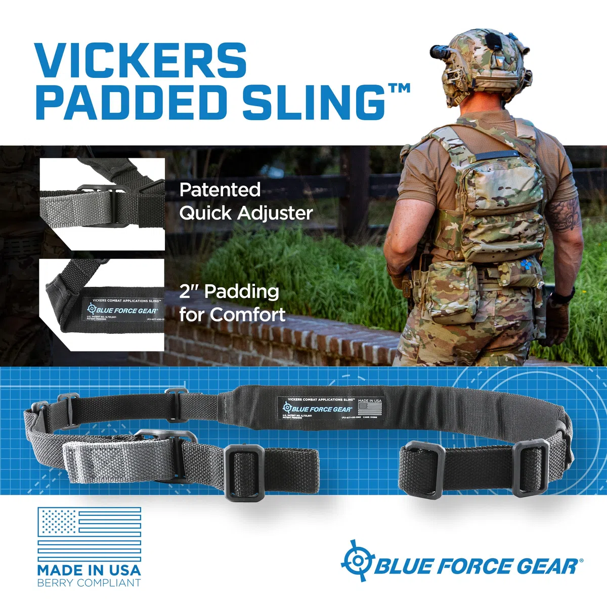 Blue Force Gear Vickers Padded Sling - Two Point Sling with Padded Straps, Adjustable,57-67 Inches - Black