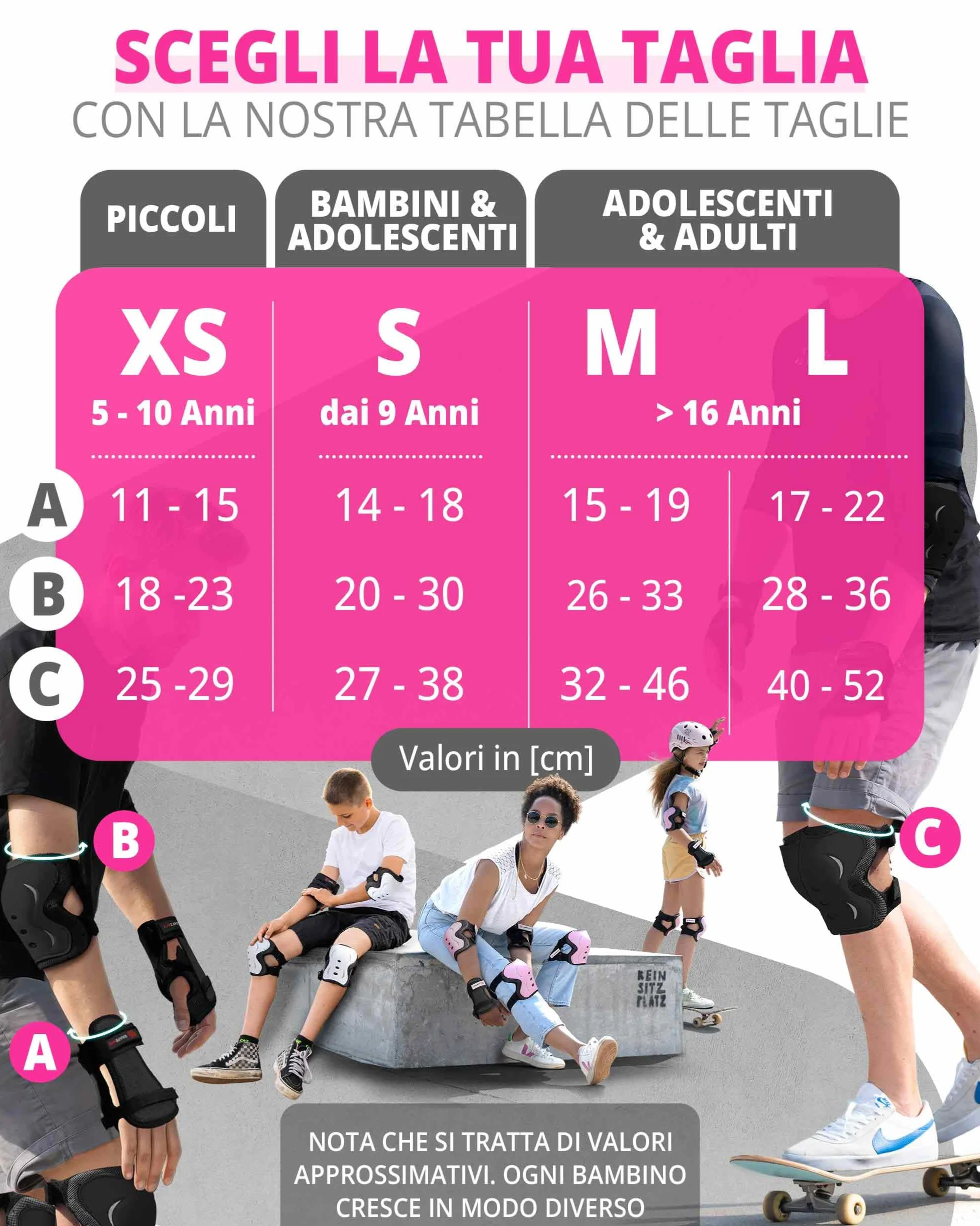 SKATEWIZ Ginocchiere Pattini Bambina Set 6 Pezzi Protezioni con Ginocchiere Gomitiere Polsiere