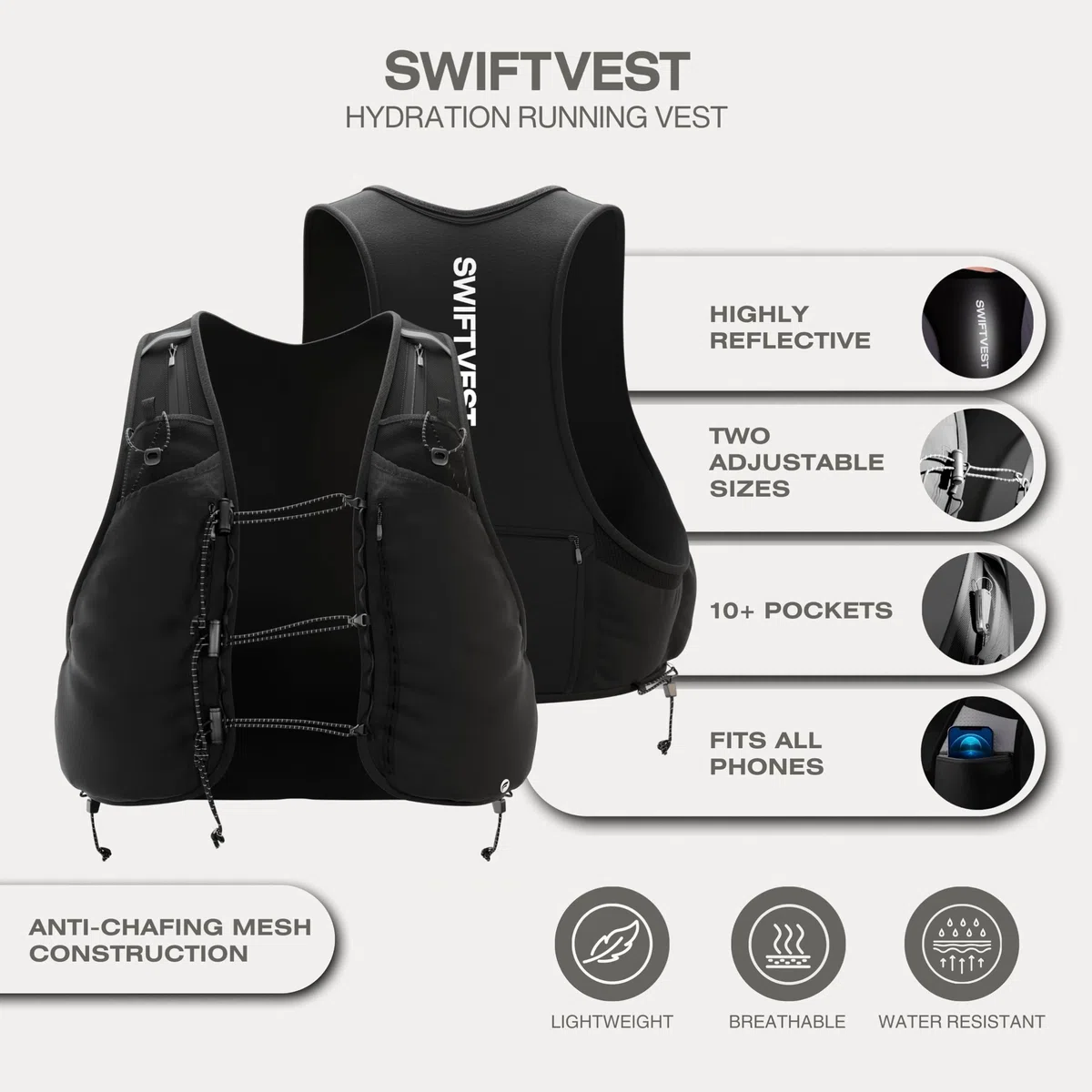 Gilet da corsa | Supporto per telefono per corsa | Zaino idrico | Zaino leggero da trail running | Porta bottiglie d'acqua | Elementi essenziali per la corsa | 10+ tasche per accessori da